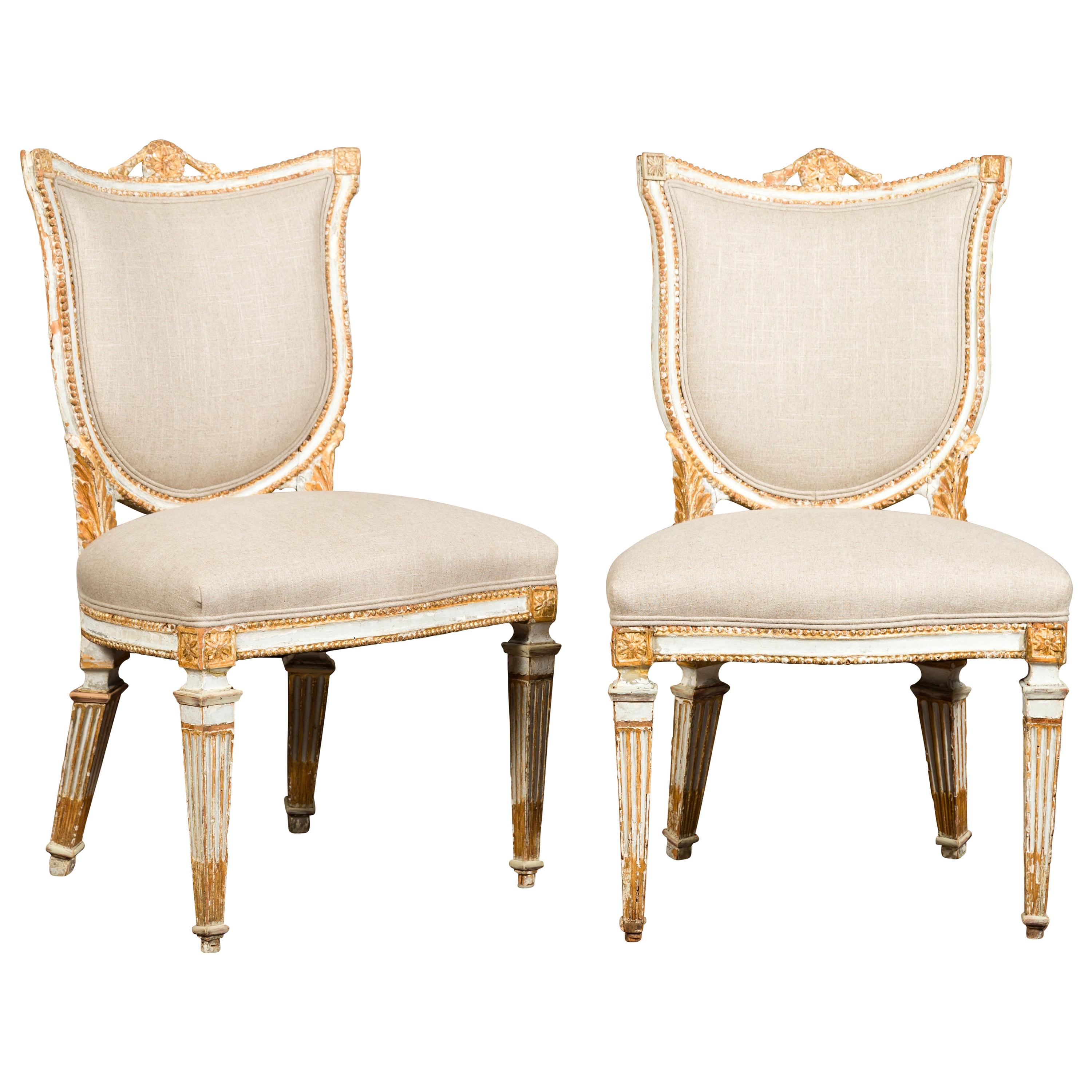 Pair of Italian Neoclassical Painted and Carved Side Chairs with Shield Backs