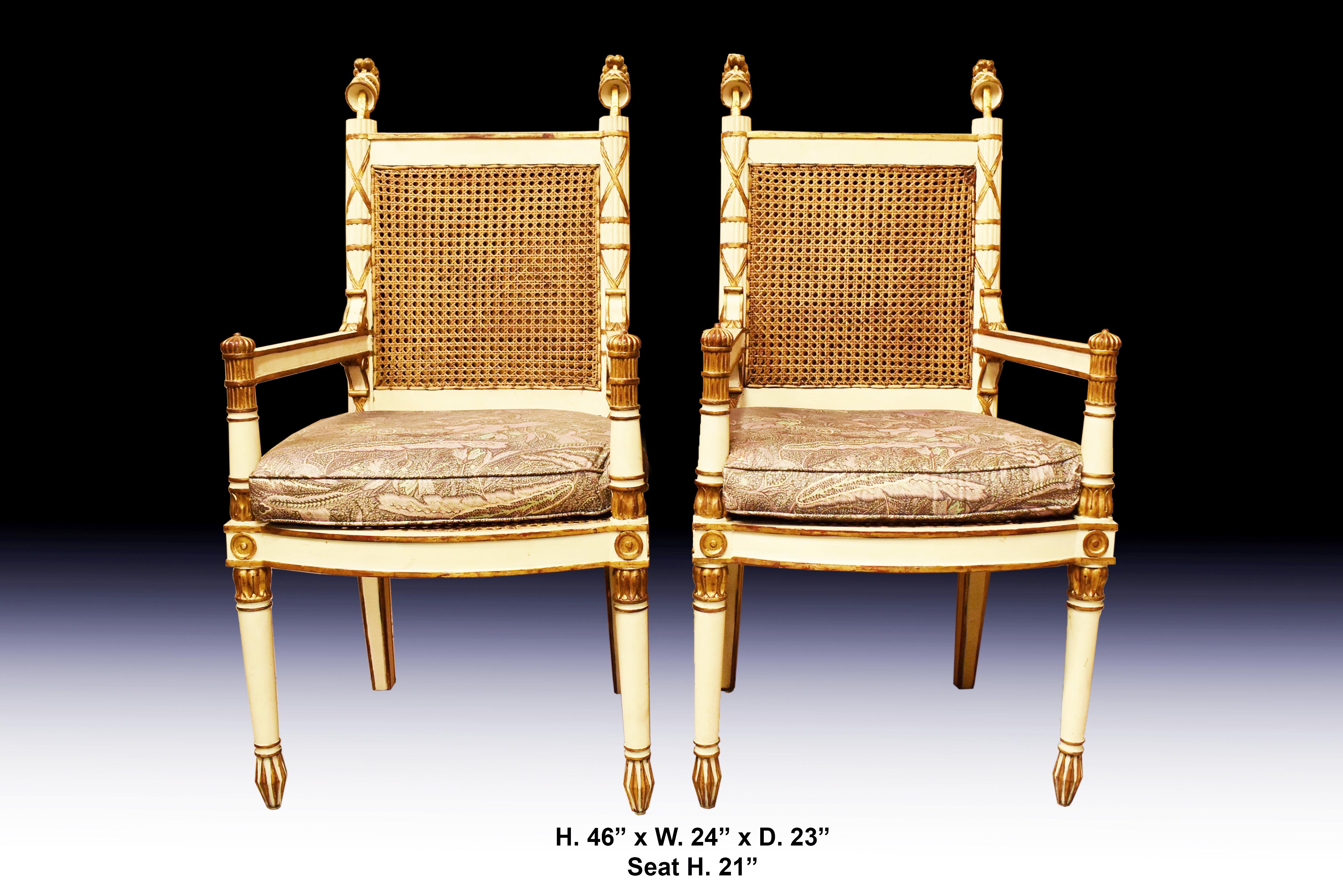Hand-Carved Pair of Italian Neoclassical Painted Armchairs