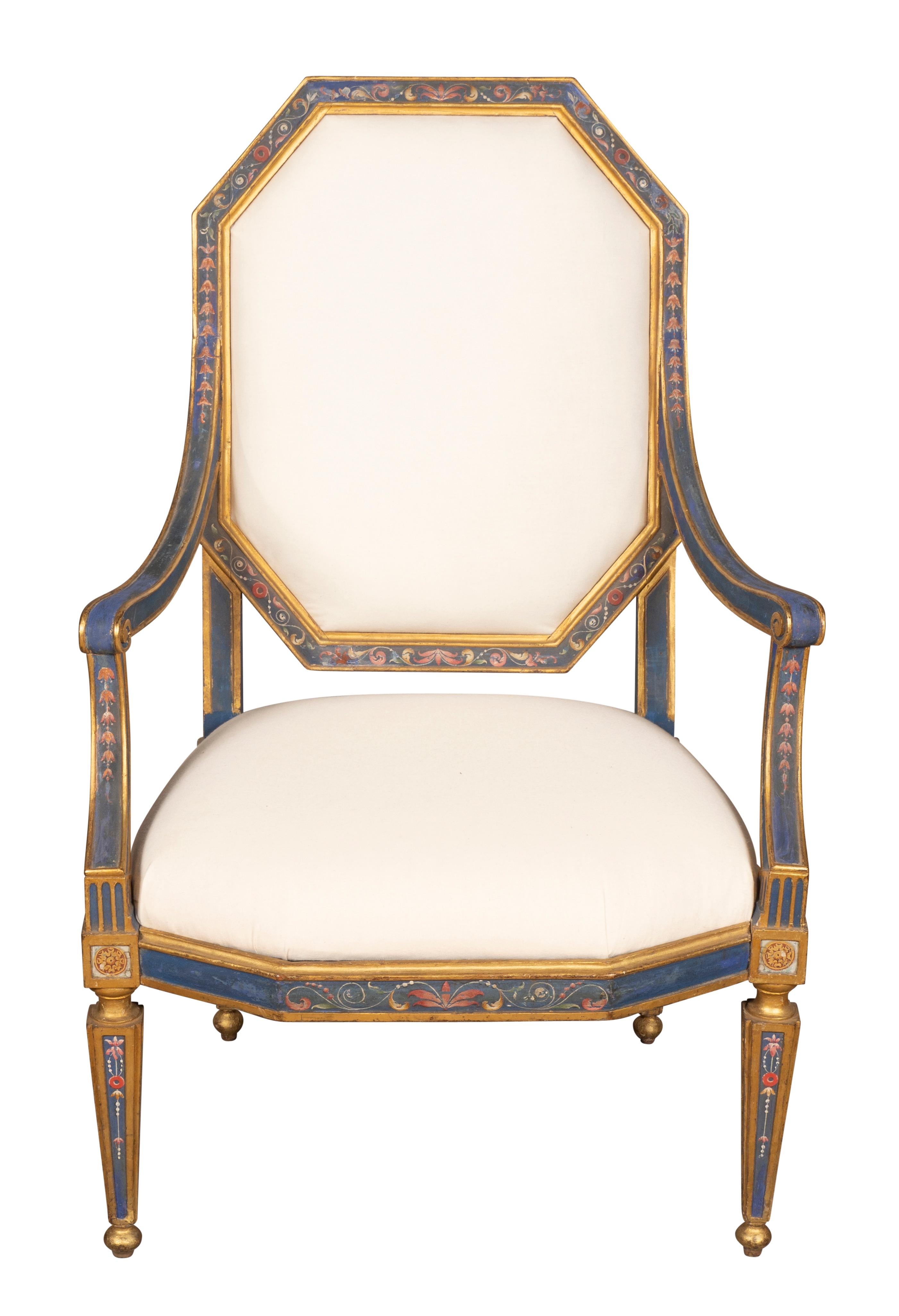 Gilt Pair of Italian Neoclassical Painted Armchairs For Sale