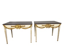 Pair of Italian Neoclassical Painted Parcel-Gilt Console Tables with Carved Bows