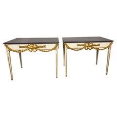 Pair of Italian Neoclassical Painted Parcel-Gilt Console Tables with Carved Bows