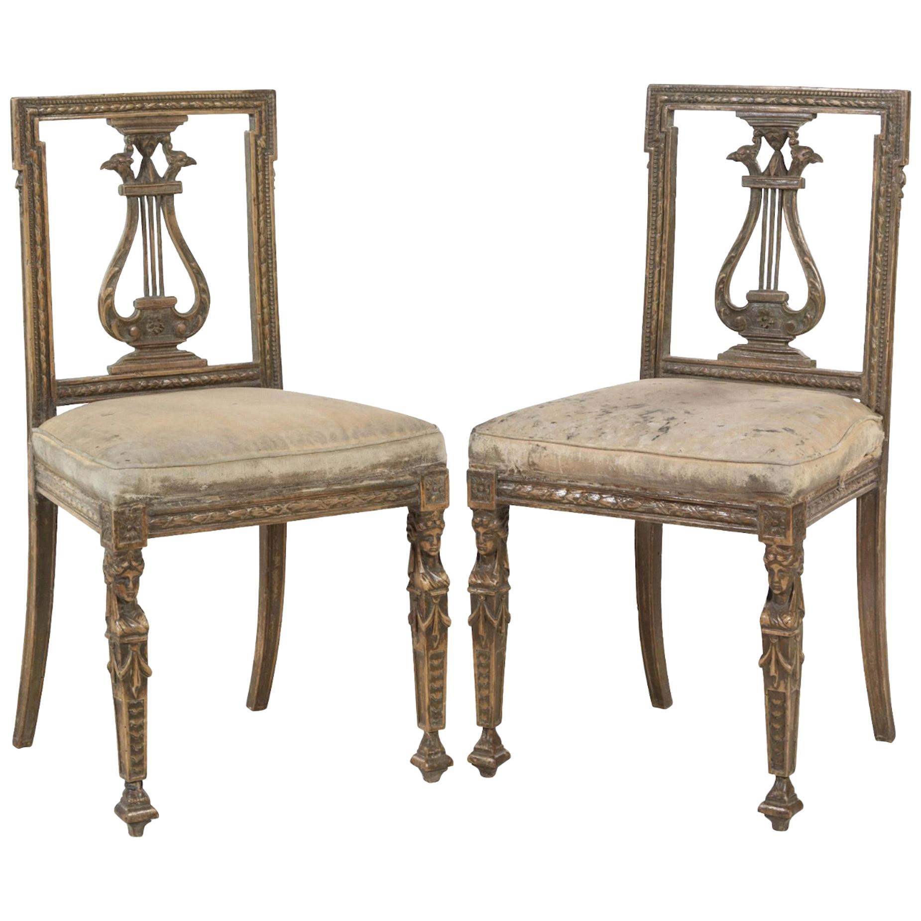 Pair of Italian Neoclassical Painted Side Chairs Great Form and Patina For Sale