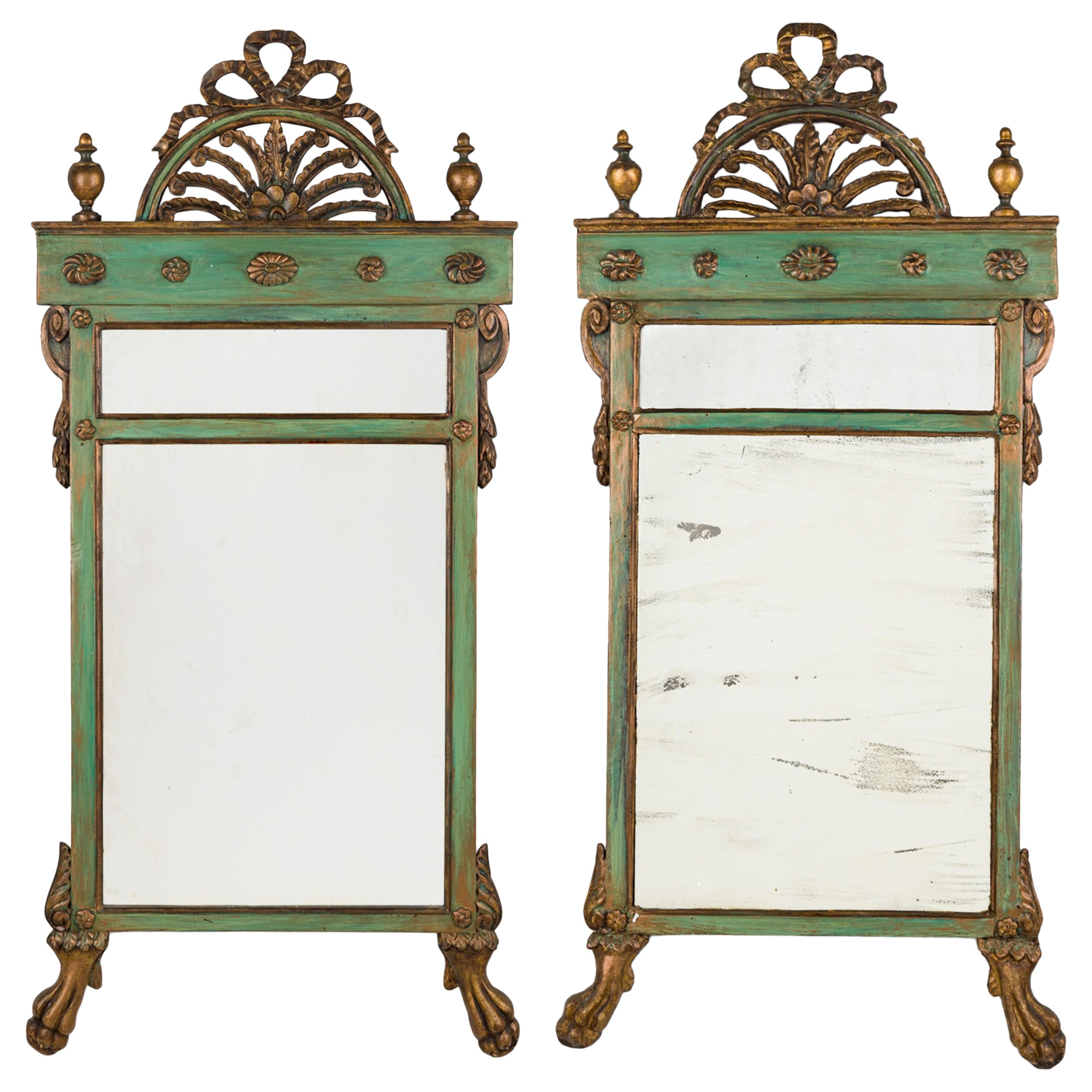 Pair of Italian Neoclassical Painted Trumeau Dual Mirrors Arch 
Bow Pediments For Sale