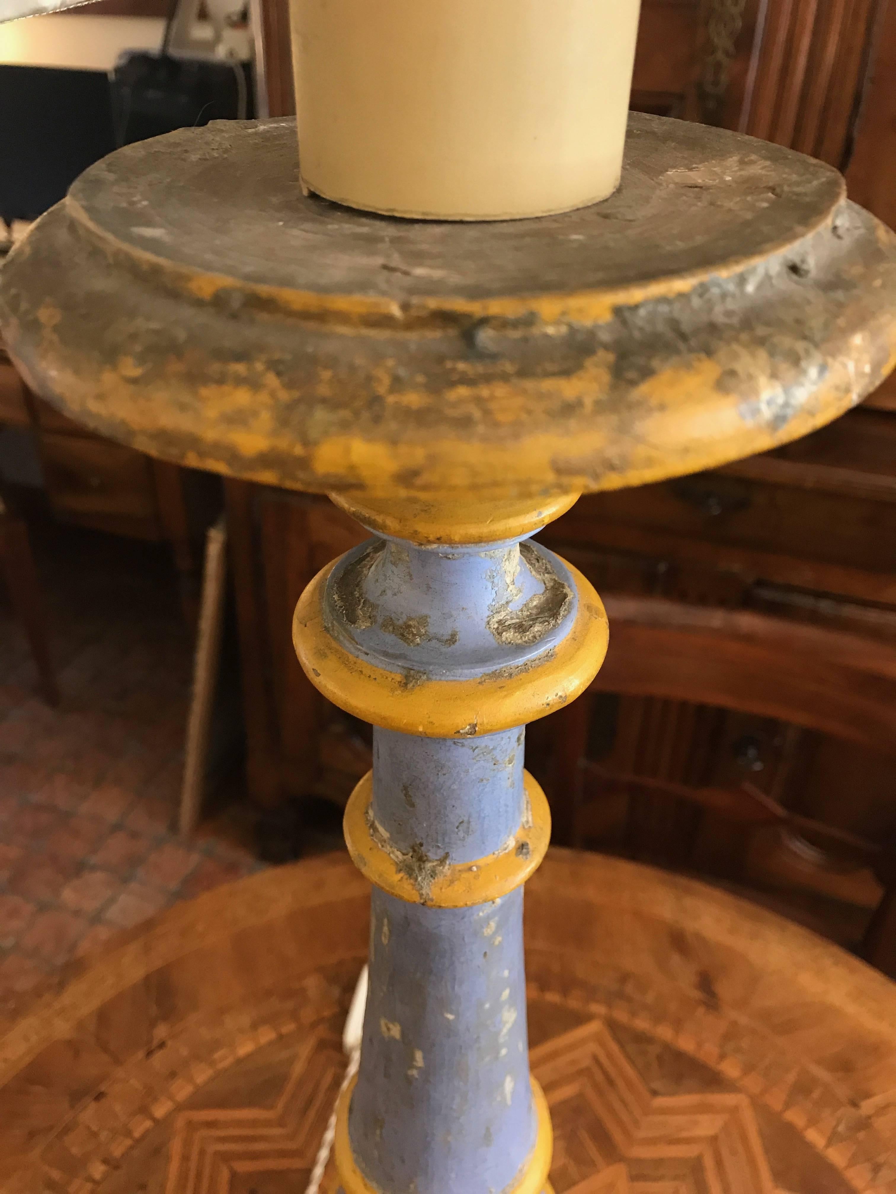 Pair of Italian Neoclassical Prickets Large Blue Candlesticks wired for Lamps In Distressed Condition For Sale In Milan, IT