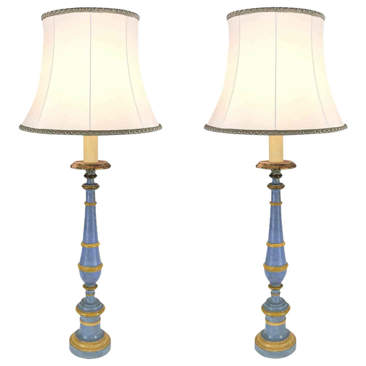 Pair of Italian Neoclassical Prickets Large Blue Candlesticks wired for Lamps For Sale