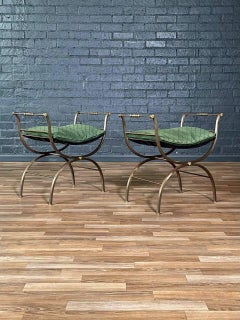 Pair of Italian Neoclassical Revival X-Base Curule Benches w/ Gilt Rosettes