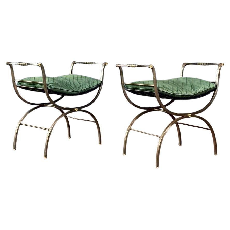 Pair of Italian Neoclassical Revival X-Base Curule Benches w/ Gilt Rosettes