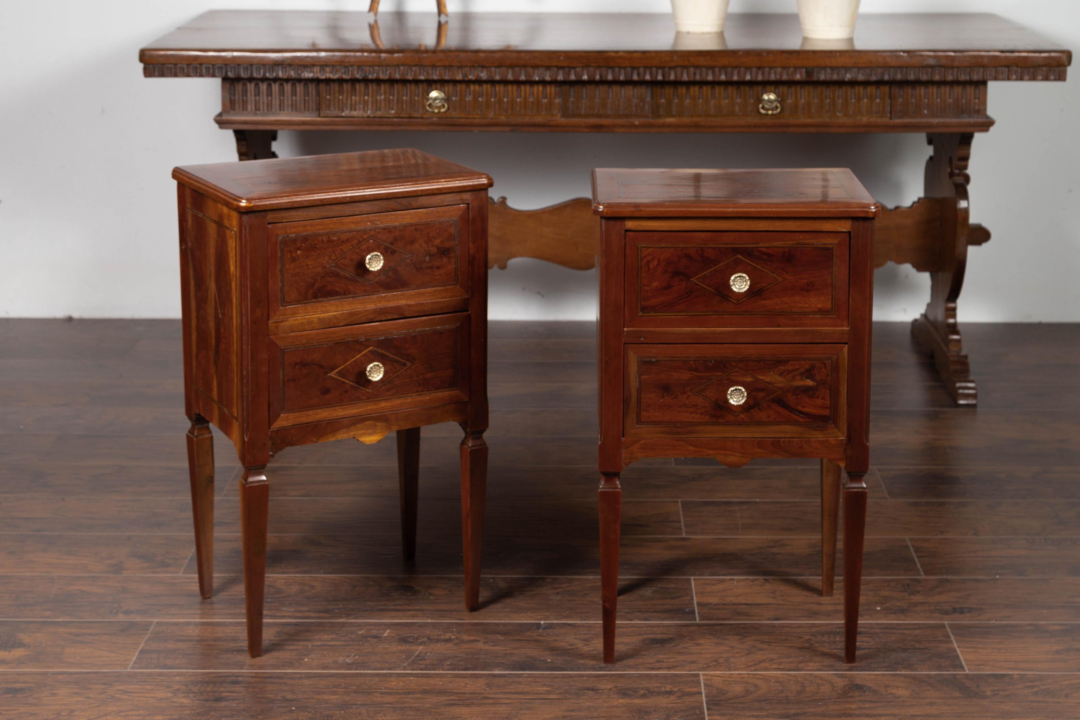 Pair of Italian Neoclassical Style 1840s Walnut Commodes with Banded Inlay In Good Condition In Atlanta, GA