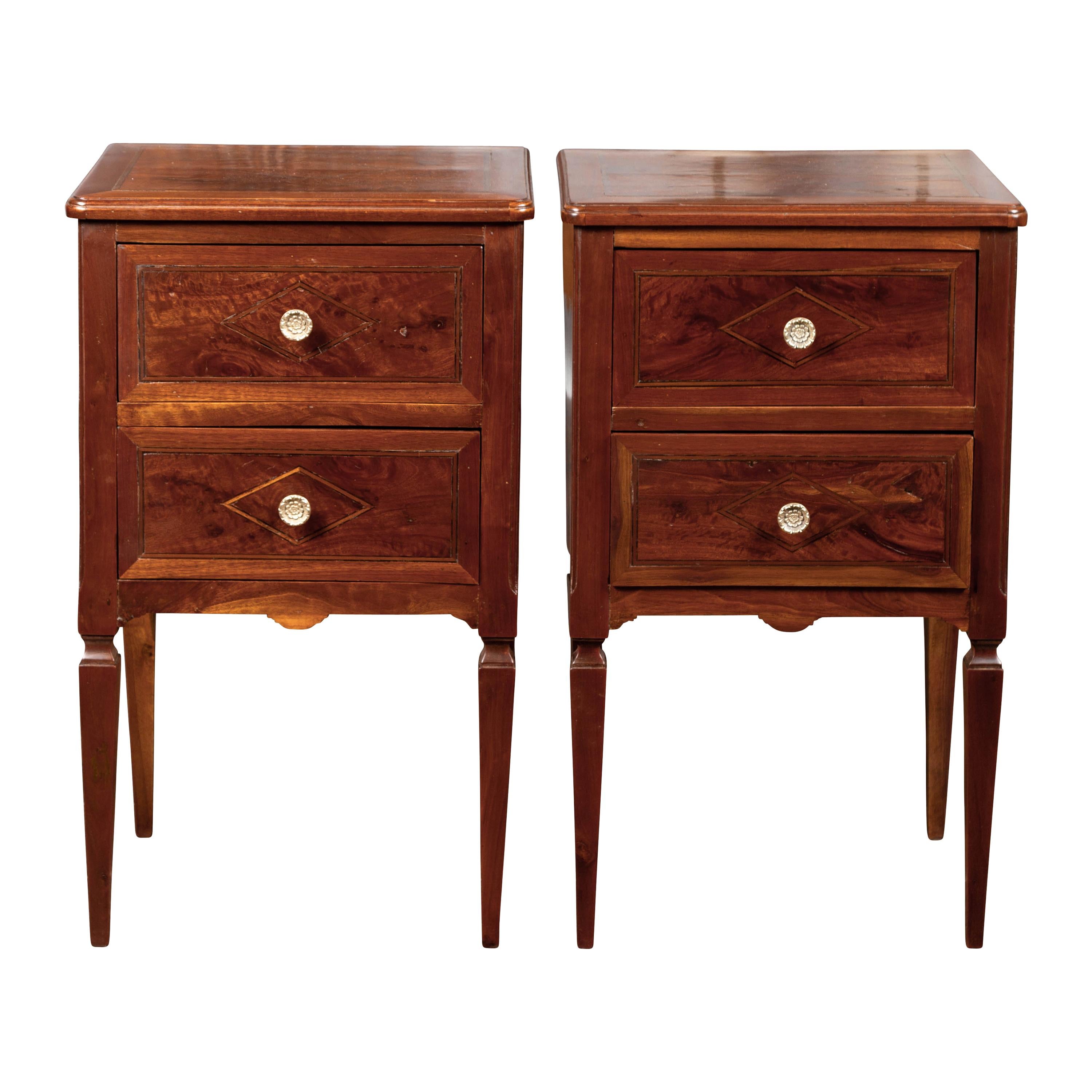 Pair of Italian Neoclassical Style 1840s Walnut Commodes with Banded Inlay