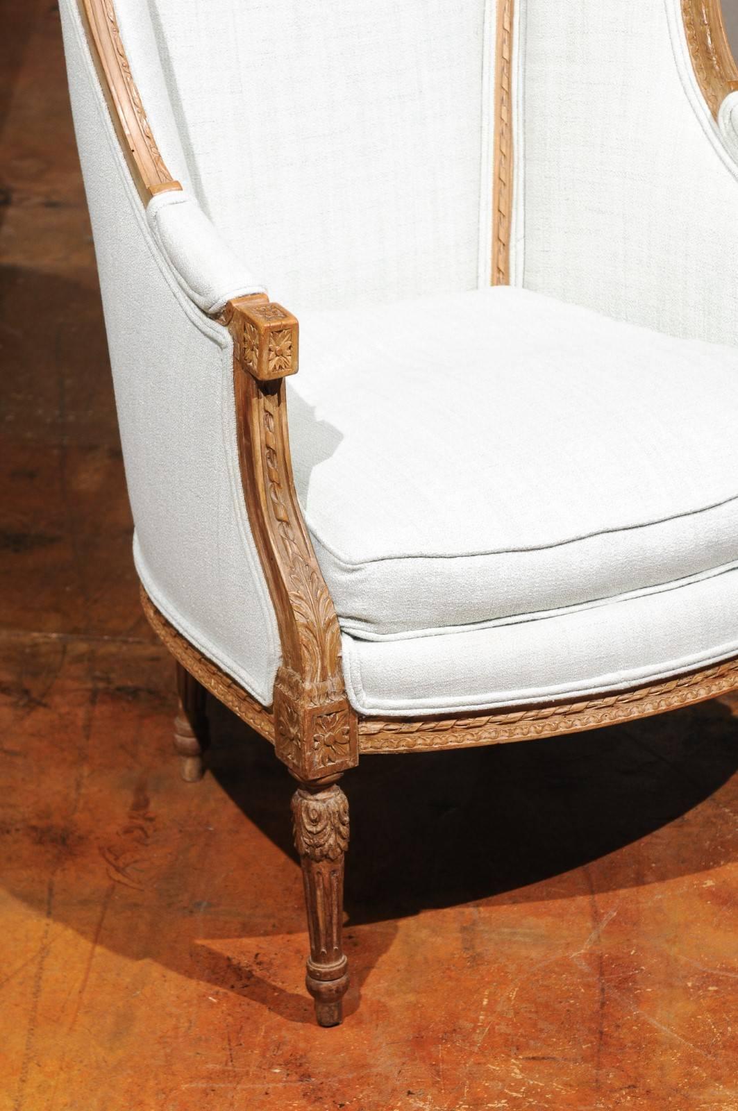 Hand-Carved Pair of Italian Neoclassical Style 19th Century Wingback Bergères, Upholstered