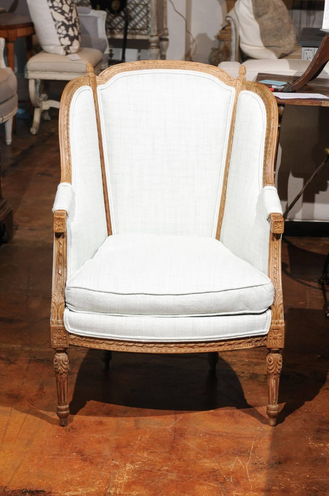 Wood Pair of Italian Neoclassical Style 19th Century Wingback Bergères, Upholstered