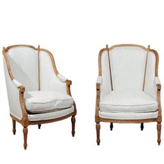 Pair of Italian Neoclassical Style 19th Century Wingback Bergères, Upholstered