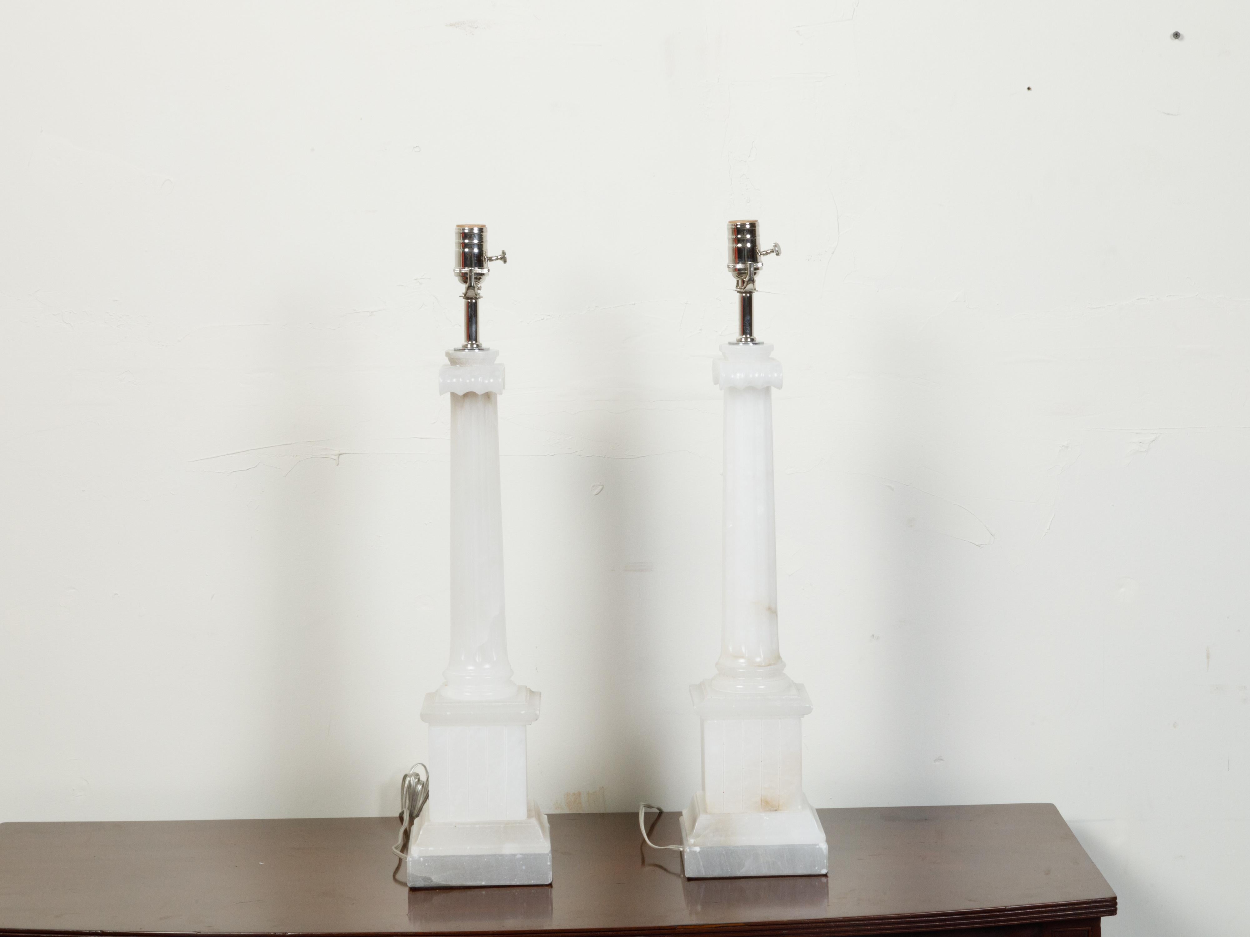 Mid-Century Modern Pair of Italian Neoclassical Style Alabaster Table Lamps with Ionic Capitals