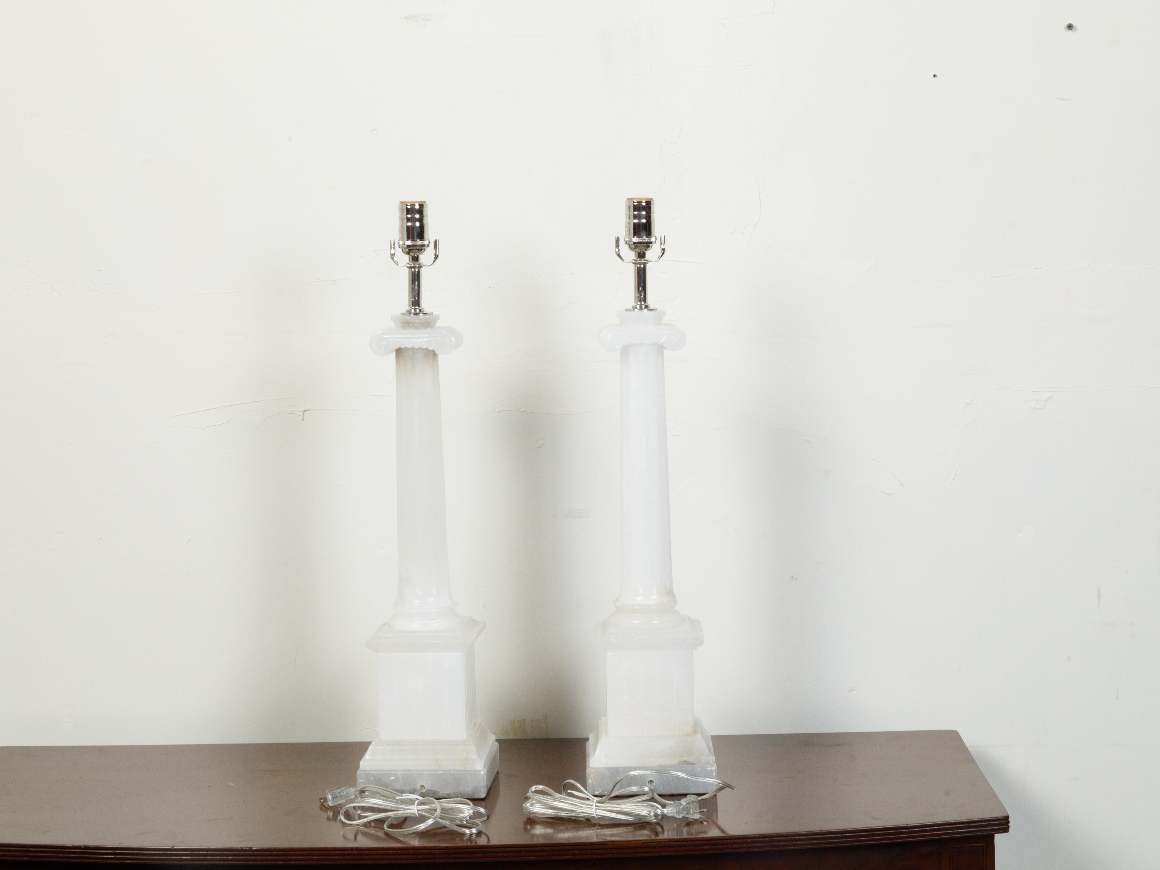 Pair of Italian Neoclassical Style Alabaster Table Lamps with Ionic Capitals In Good Condition In Atlanta, GA