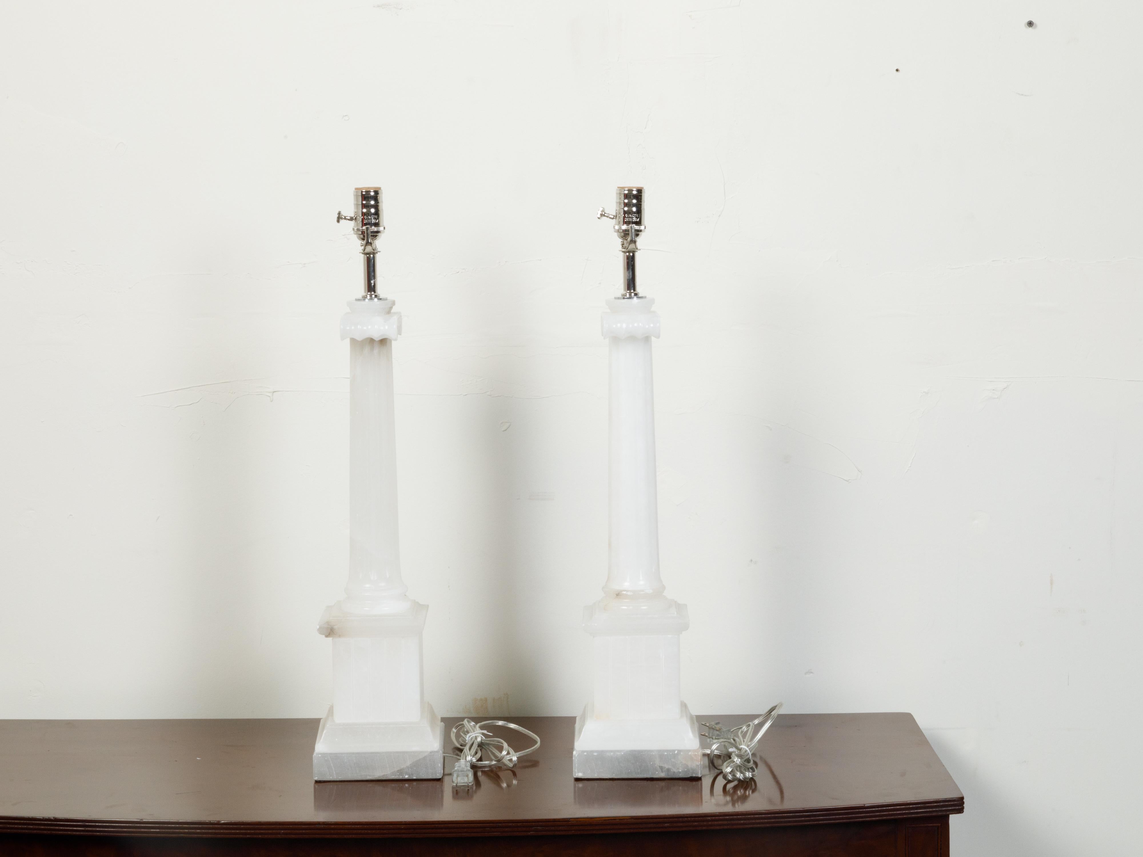 20th Century Pair of Italian Neoclassical Style Alabaster Table Lamps with Ionic Capitals