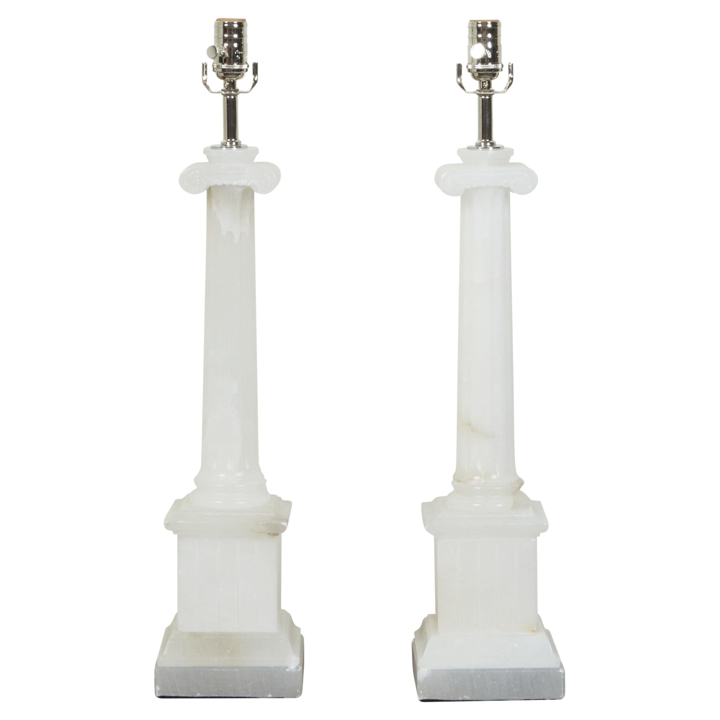 Pair of Italian Neoclassical Style Alabaster Table Lamps with Ionic Capitals