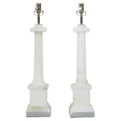 Retro Pair of Italian Neoclassical Style Alabaster Table Lamps with Ionic Capitals