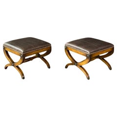 Coppia di panche in pelle Curule in stile neoclassico italiano
