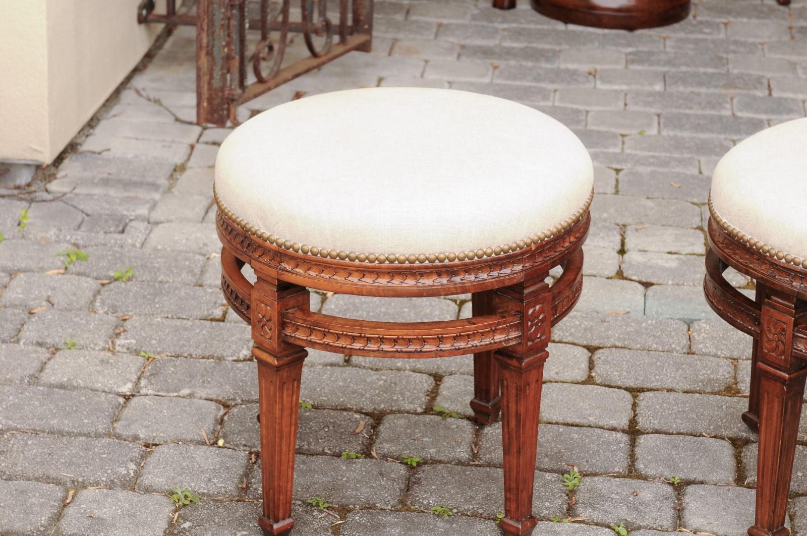 Pair of Italian Neoclassical Style Fruitwood Stools with Circular Side Stretcher For Sale 7