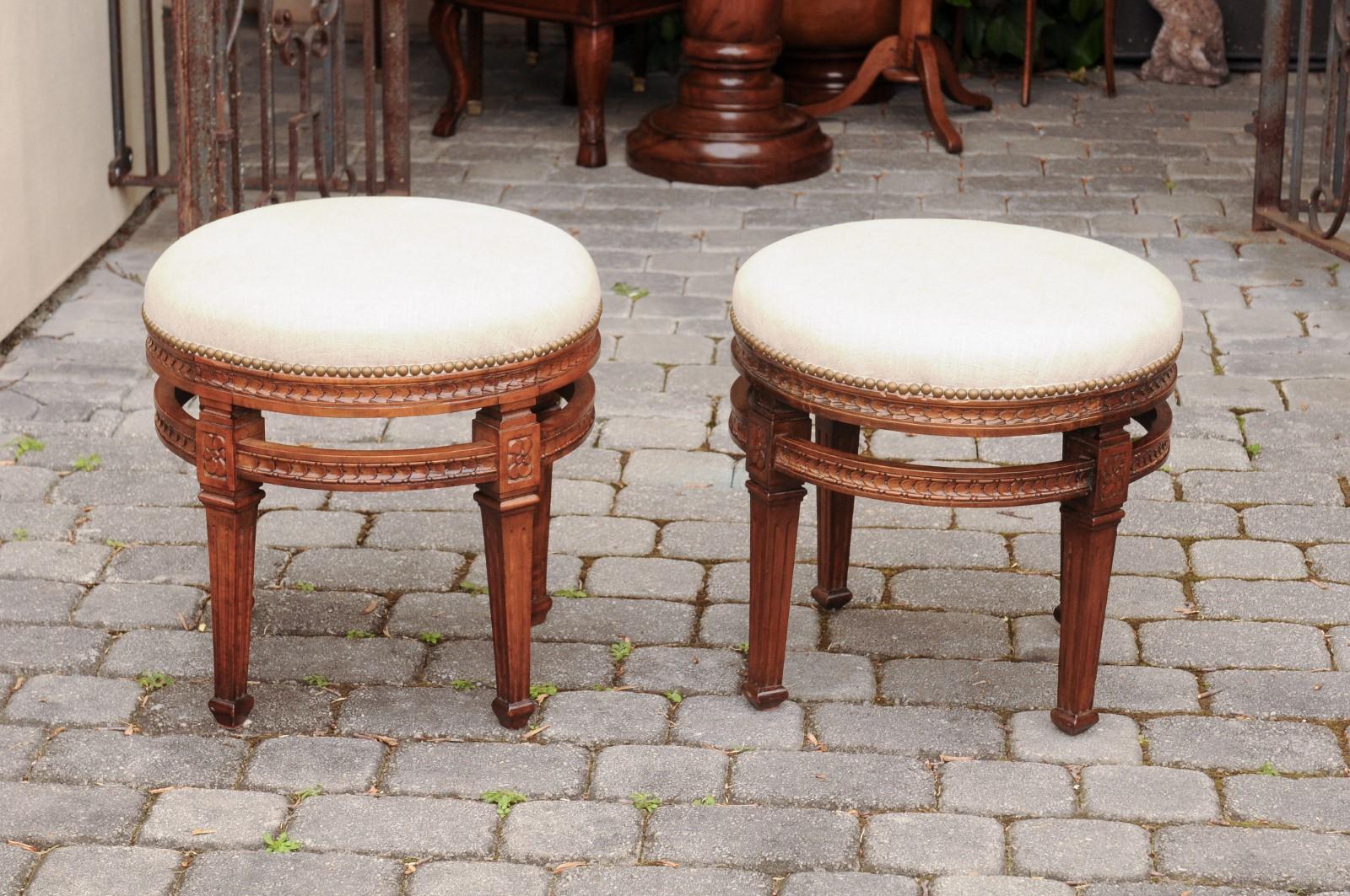 Pair of Italian Neoclassical Style Fruitwood Stools with Circular Side Stretcher For Sale 8