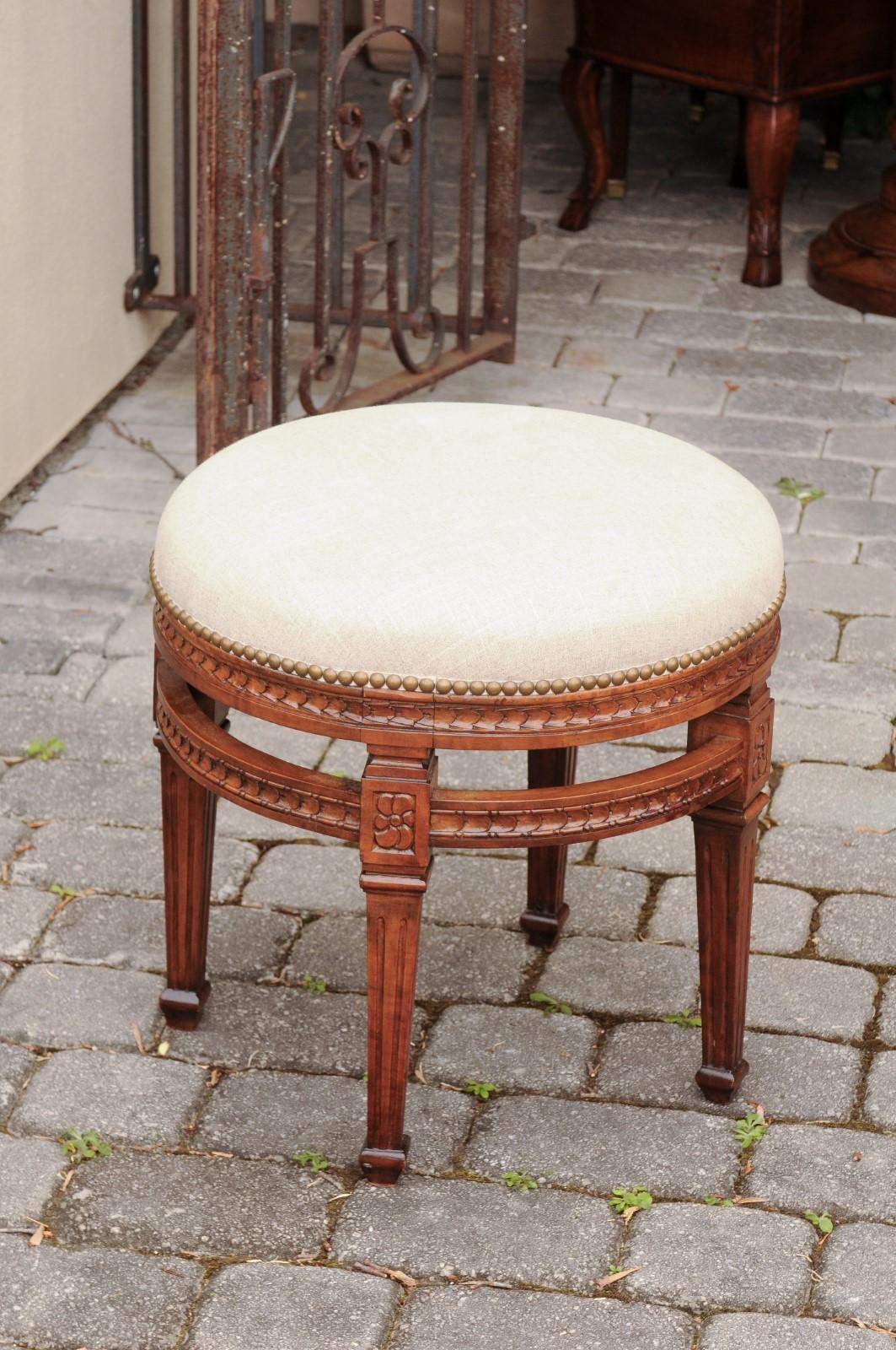 20th Century Pair of Italian Neoclassical Style Fruitwood Stools with Circular Side Stretcher For Sale