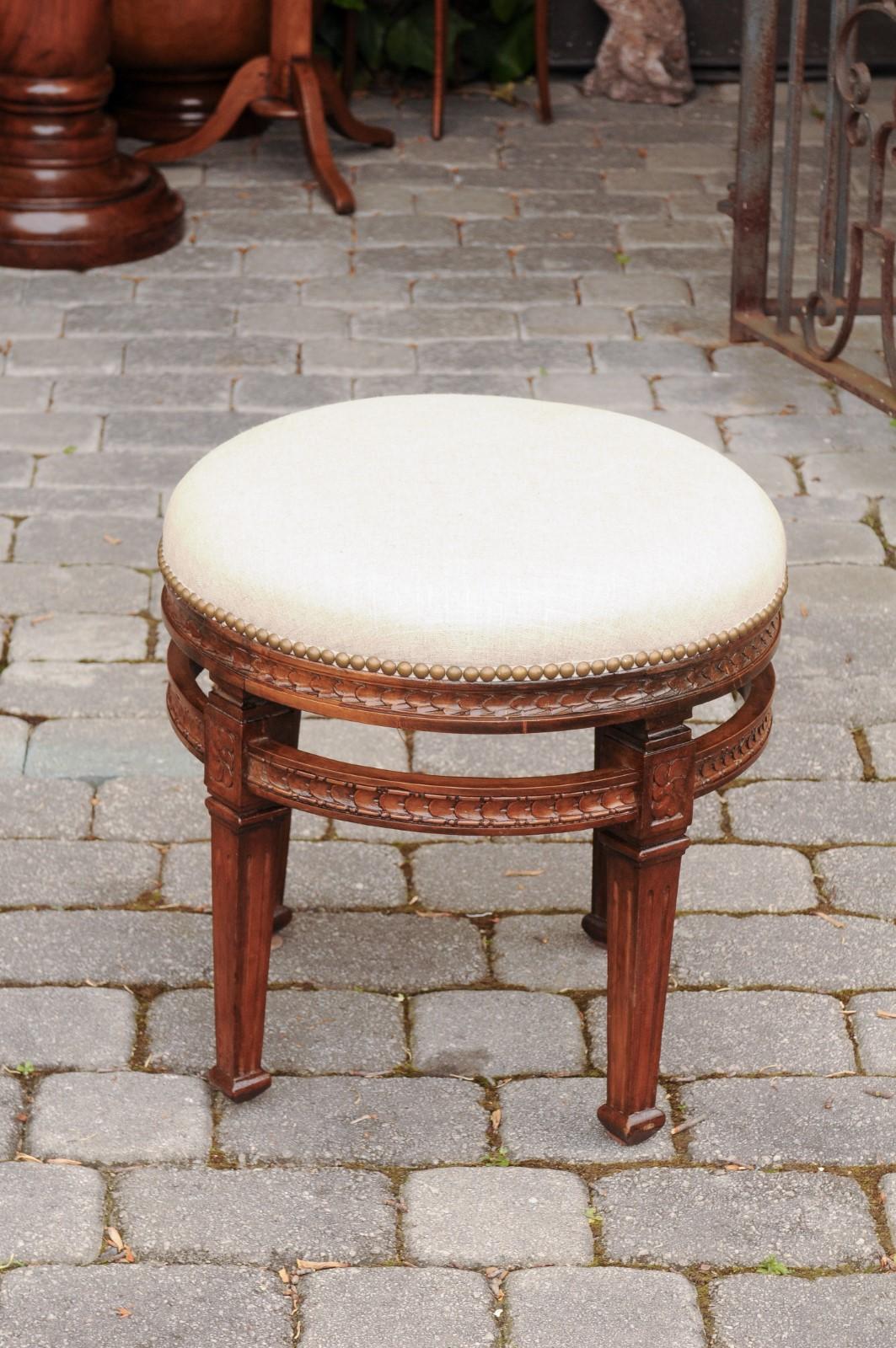 Pair of Italian Neoclassical Style Fruitwood Stools with Circular Side Stretcher For Sale 1