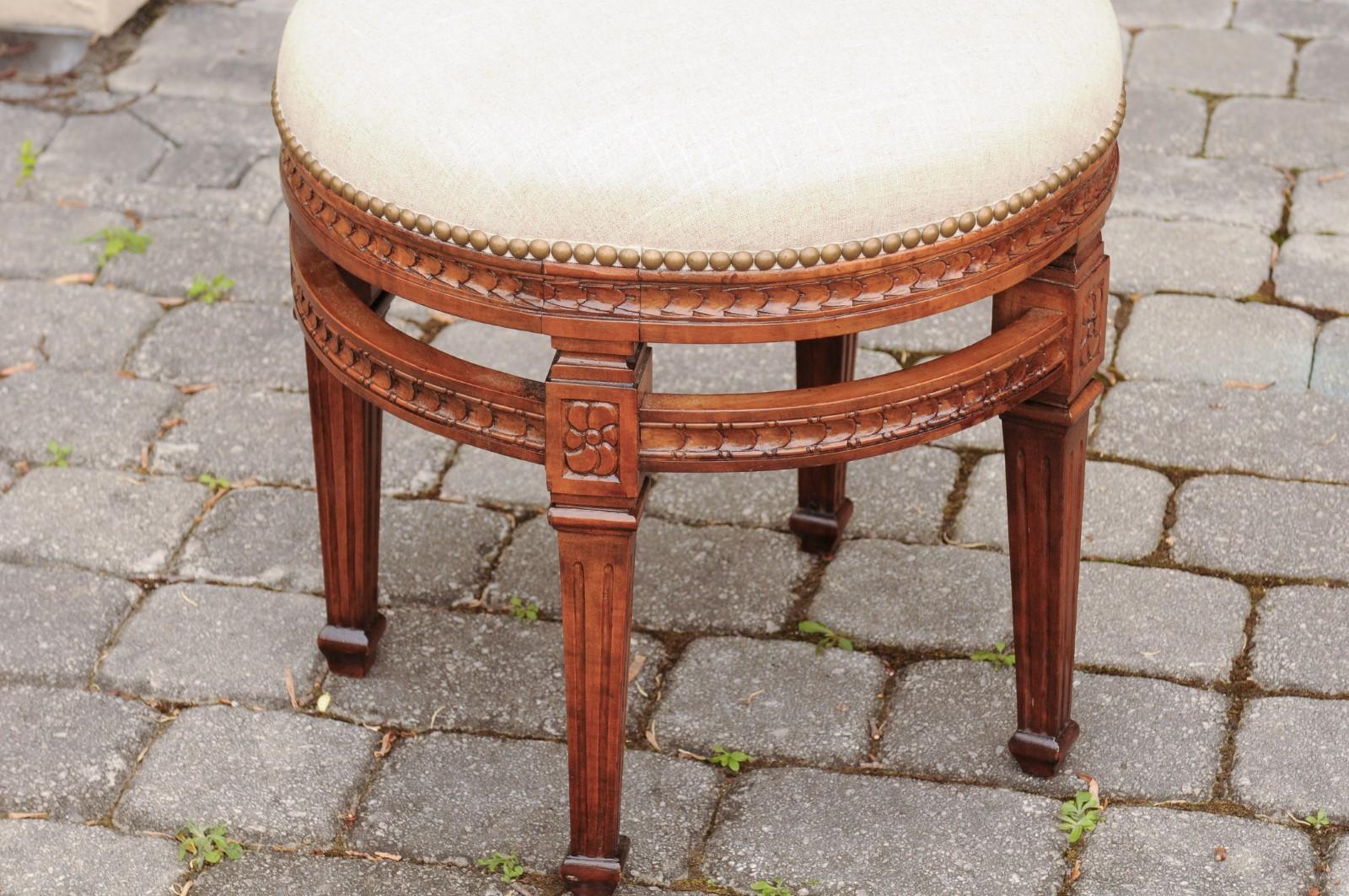 Pair of Italian Neoclassical Style Fruitwood Stools with Circular Side Stretcher For Sale 2