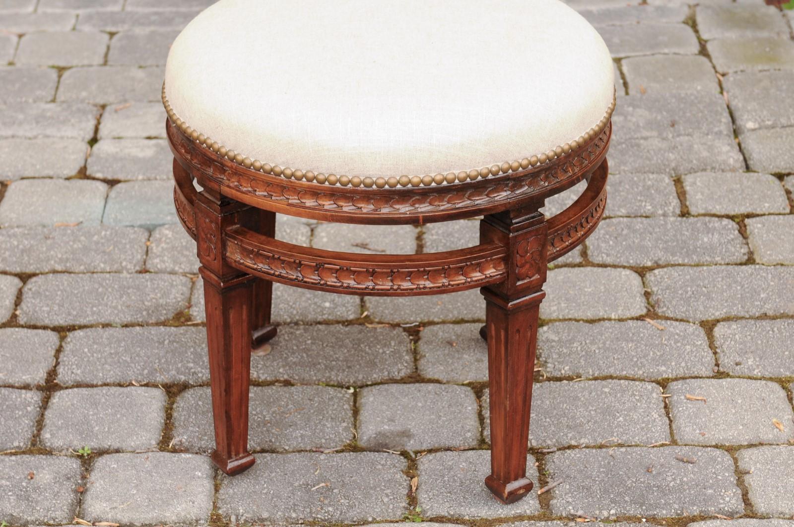 Pair of Italian Neoclassical Style Fruitwood Stools with Circular Side Stretcher For Sale 3