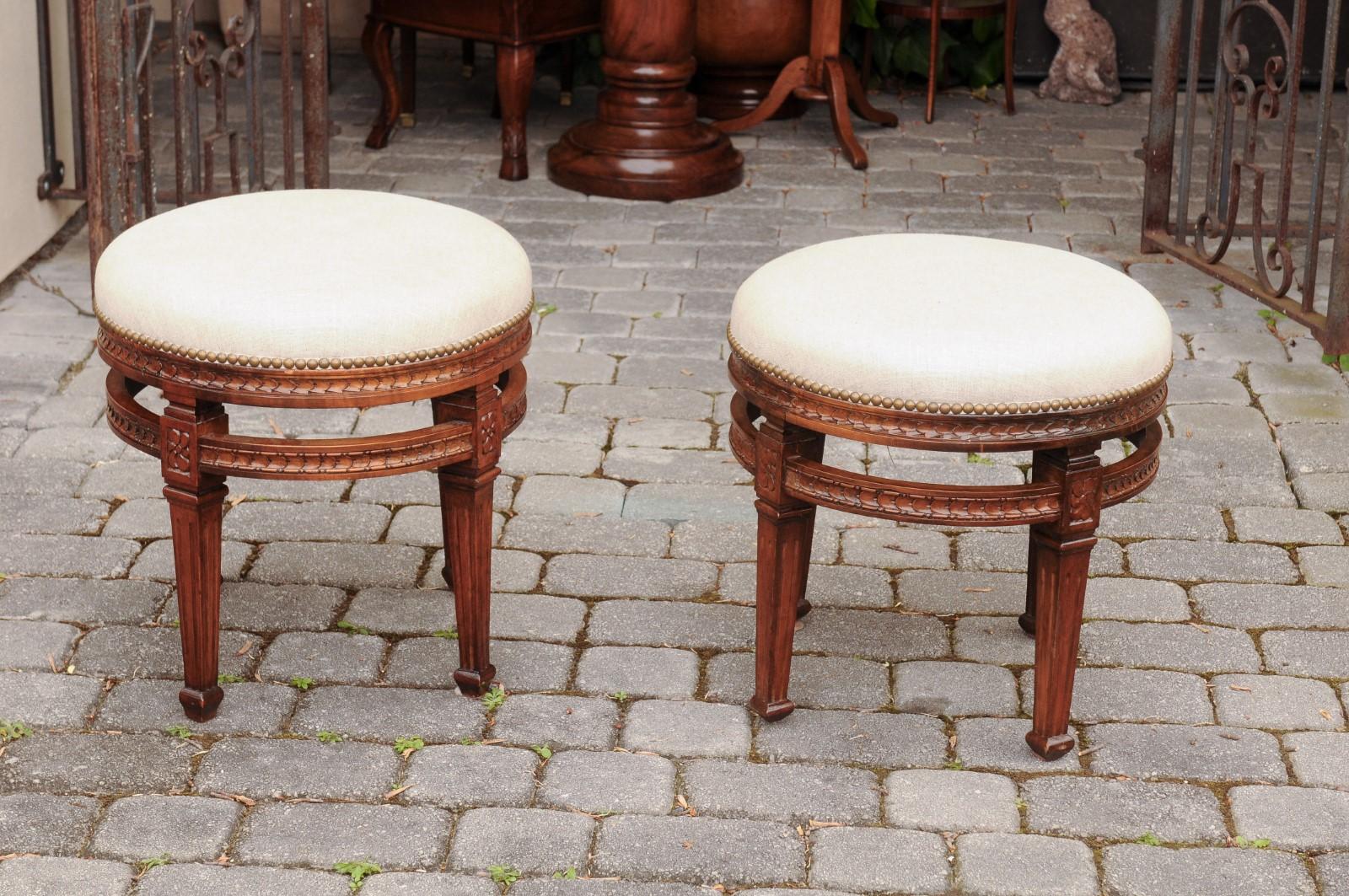 Pair of Italian Neoclassical Style Fruitwood Stools with Circular Side Stretcher For Sale 4