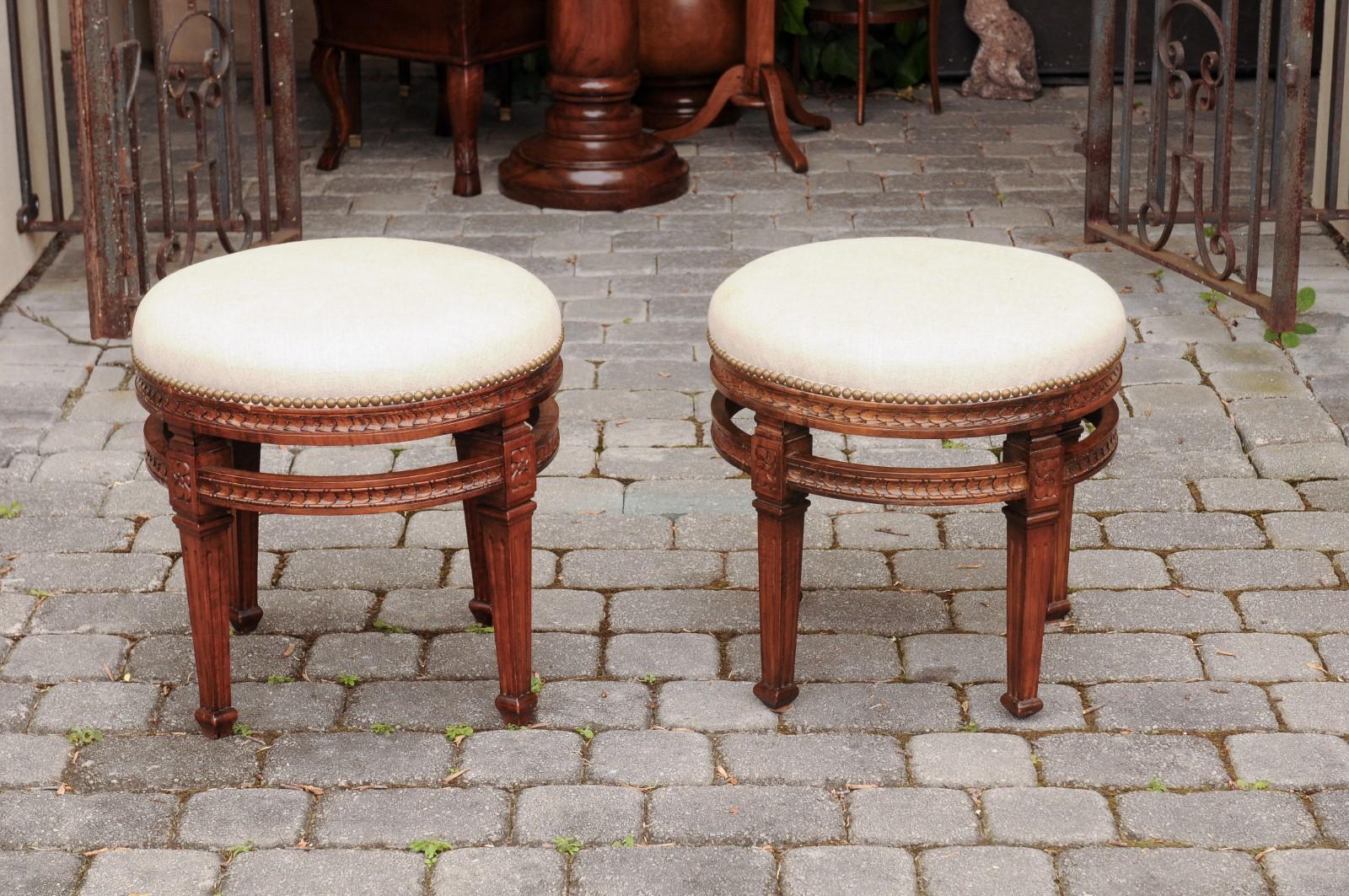 Pair of Italian Neoclassical Style Fruitwood Stools with Circular Side Stretcher For Sale 5