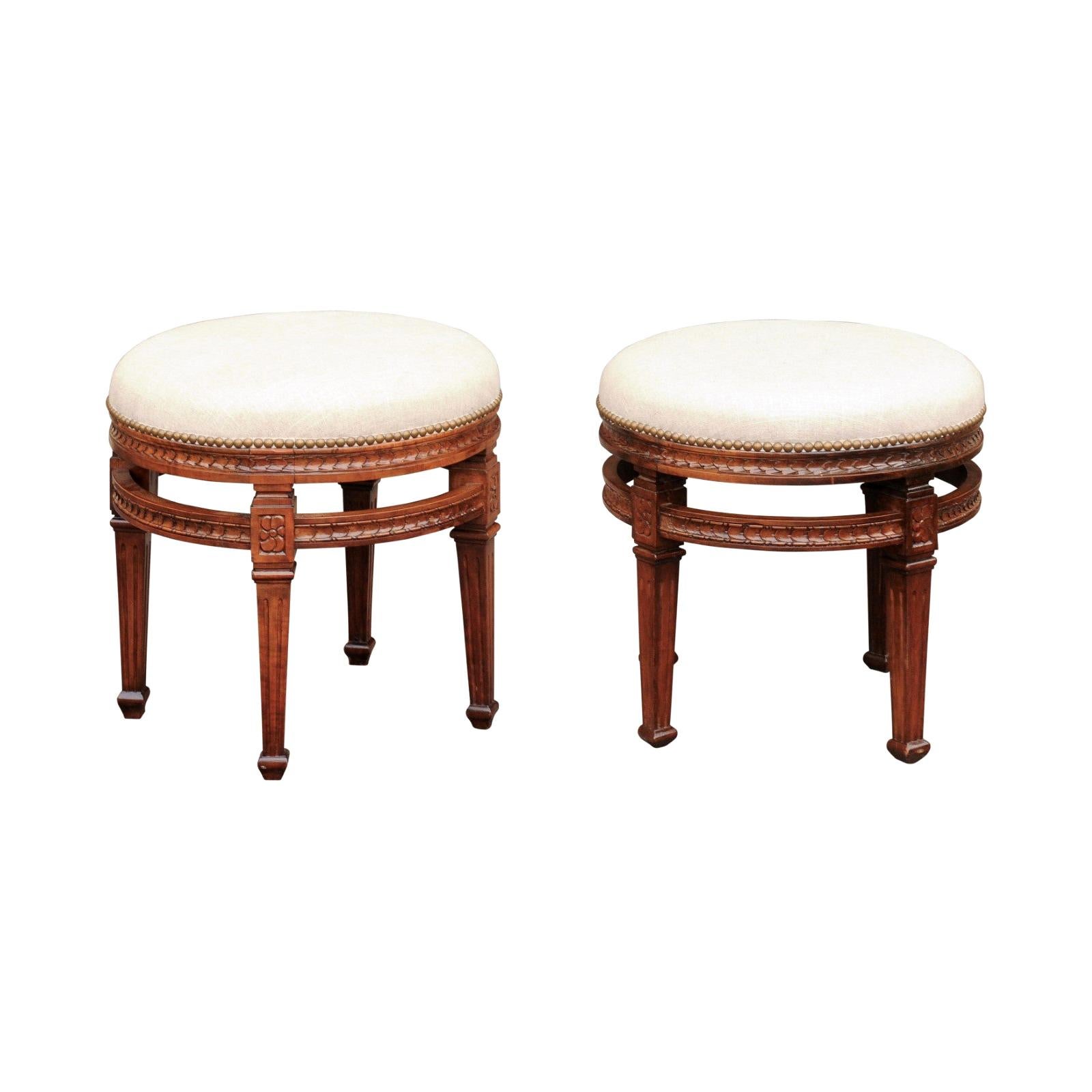 Pair of Italian Neoclassical Style Fruitwood Stools with Circular Side Stretcher For Sale