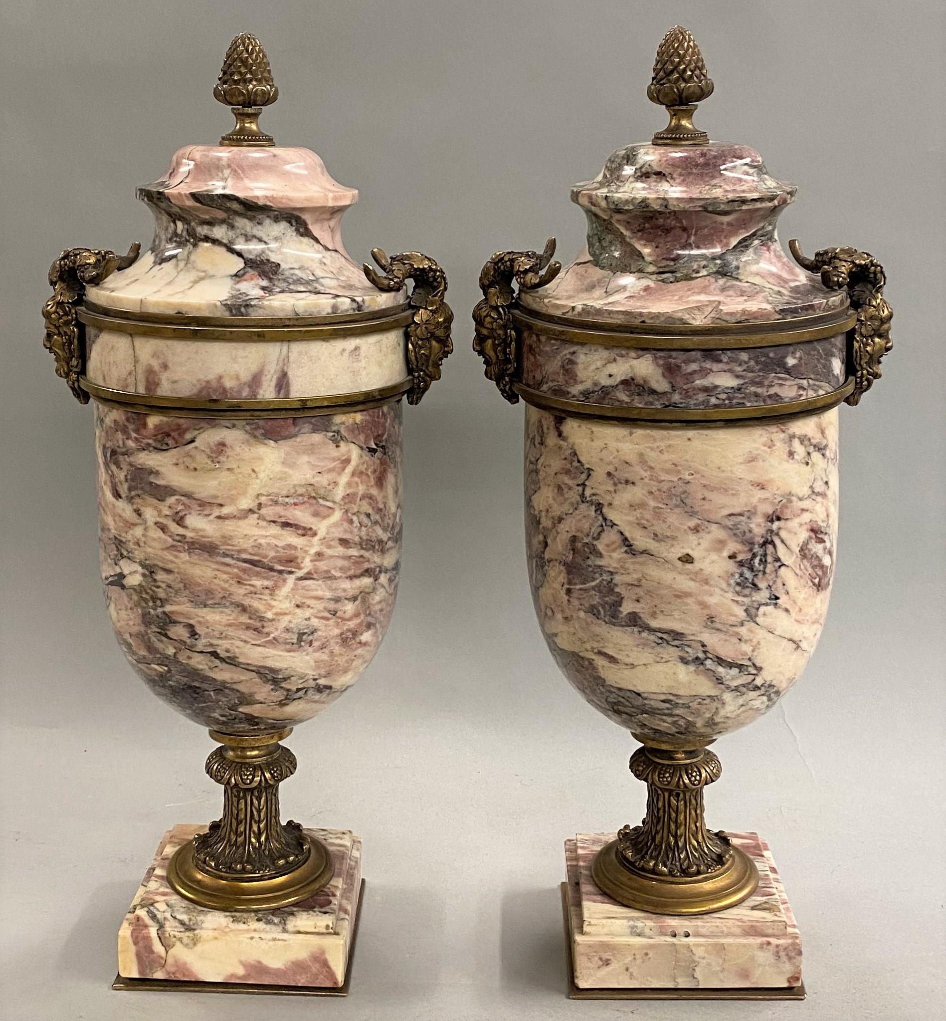 Hand-Carved Pair of Italian Neoclassical Style Gilt Bronze Mounted Marble Urns For Sale