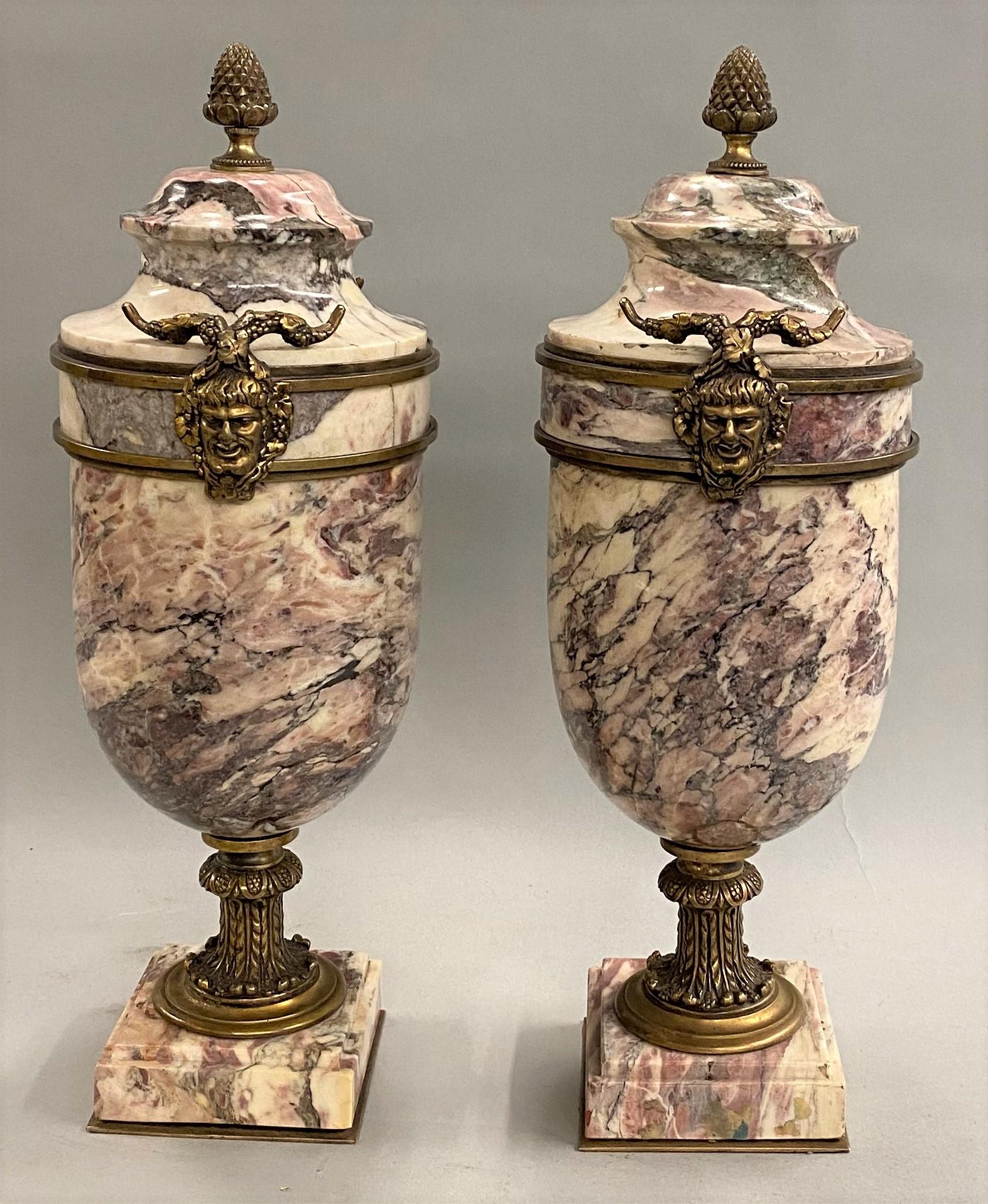 Pair of Italian Neoclassical Style Gilt Bronze Mounted Marble Urns In Good Condition For Sale In Milford, NH