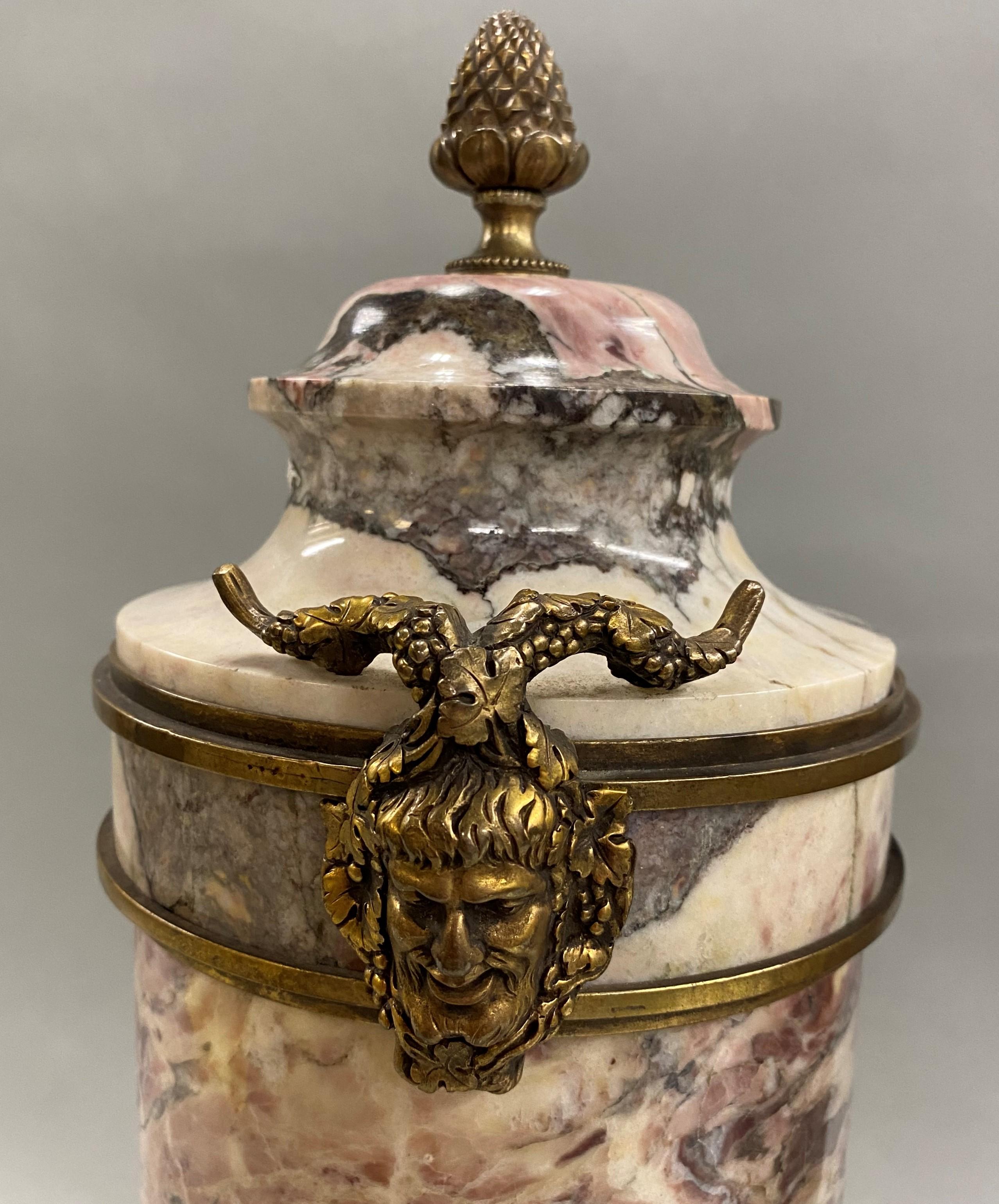 20th Century Pair of Italian Neoclassical Style Gilt Bronze Mounted Marble Urns For Sale