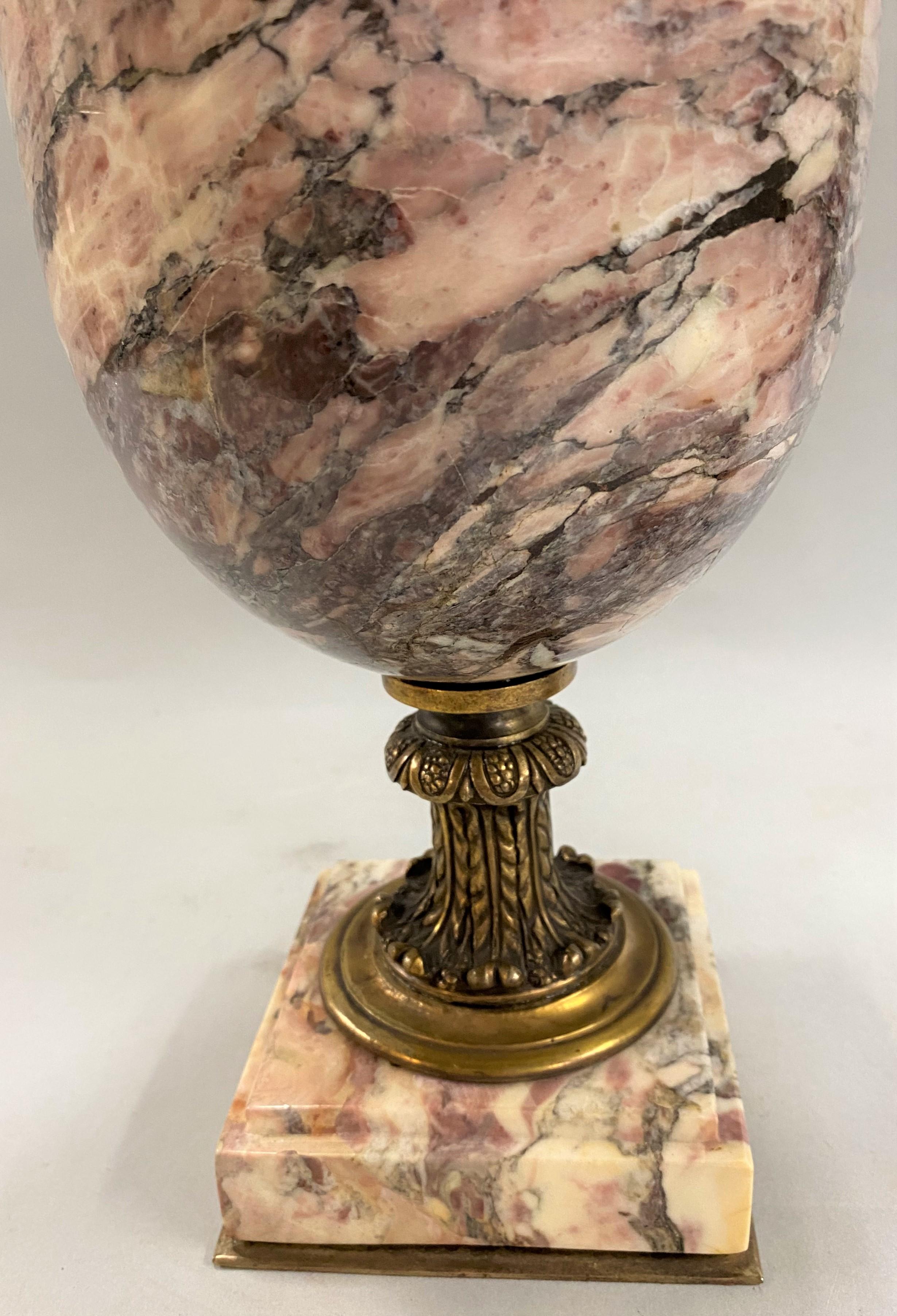 Pair of Italian Neoclassical Style Gilt Bronze Mounted Marble Urns For Sale 1