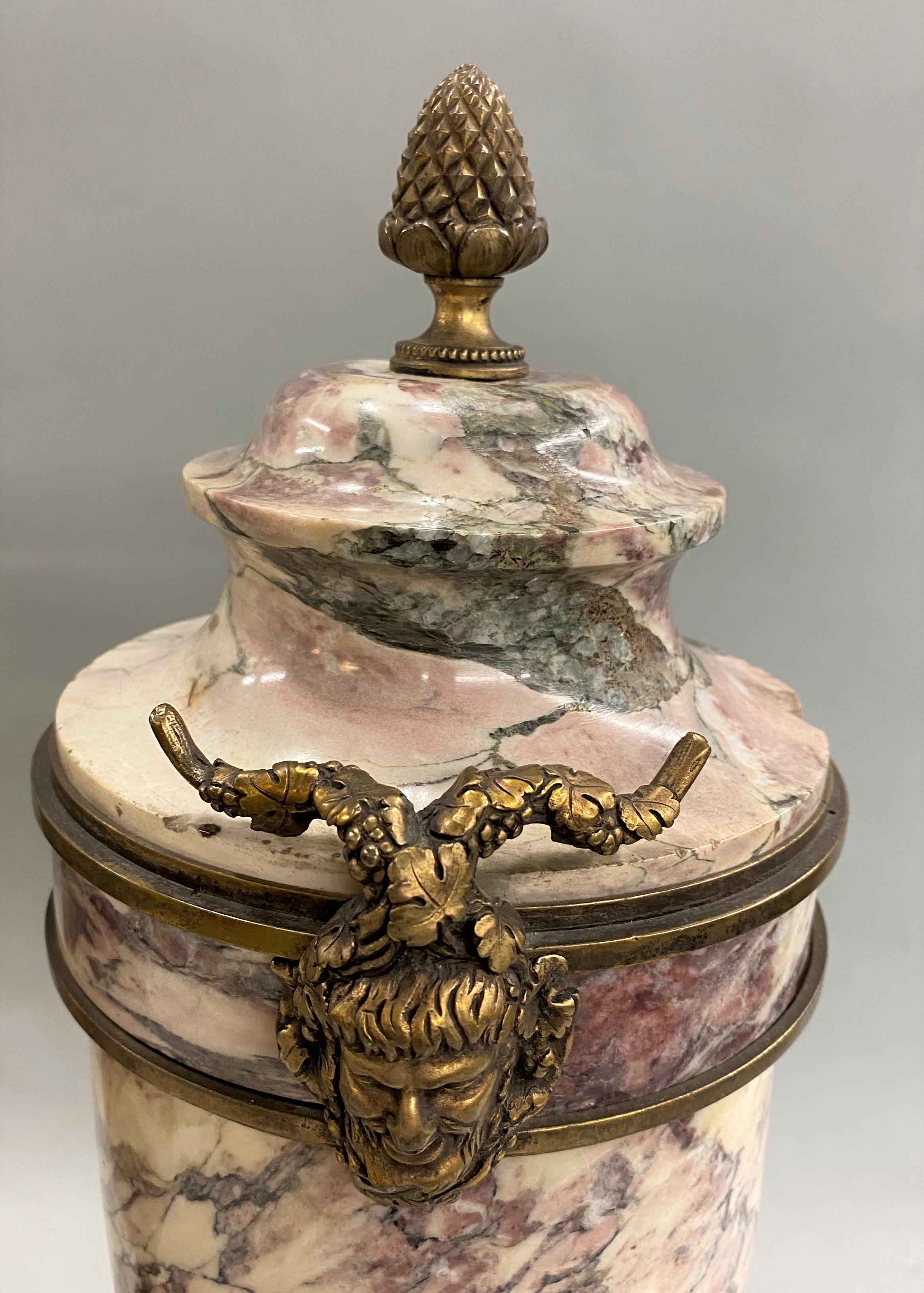 Pair of Italian Neoclassical Style Gilt Bronze Mounted Marble Urns For Sale 2