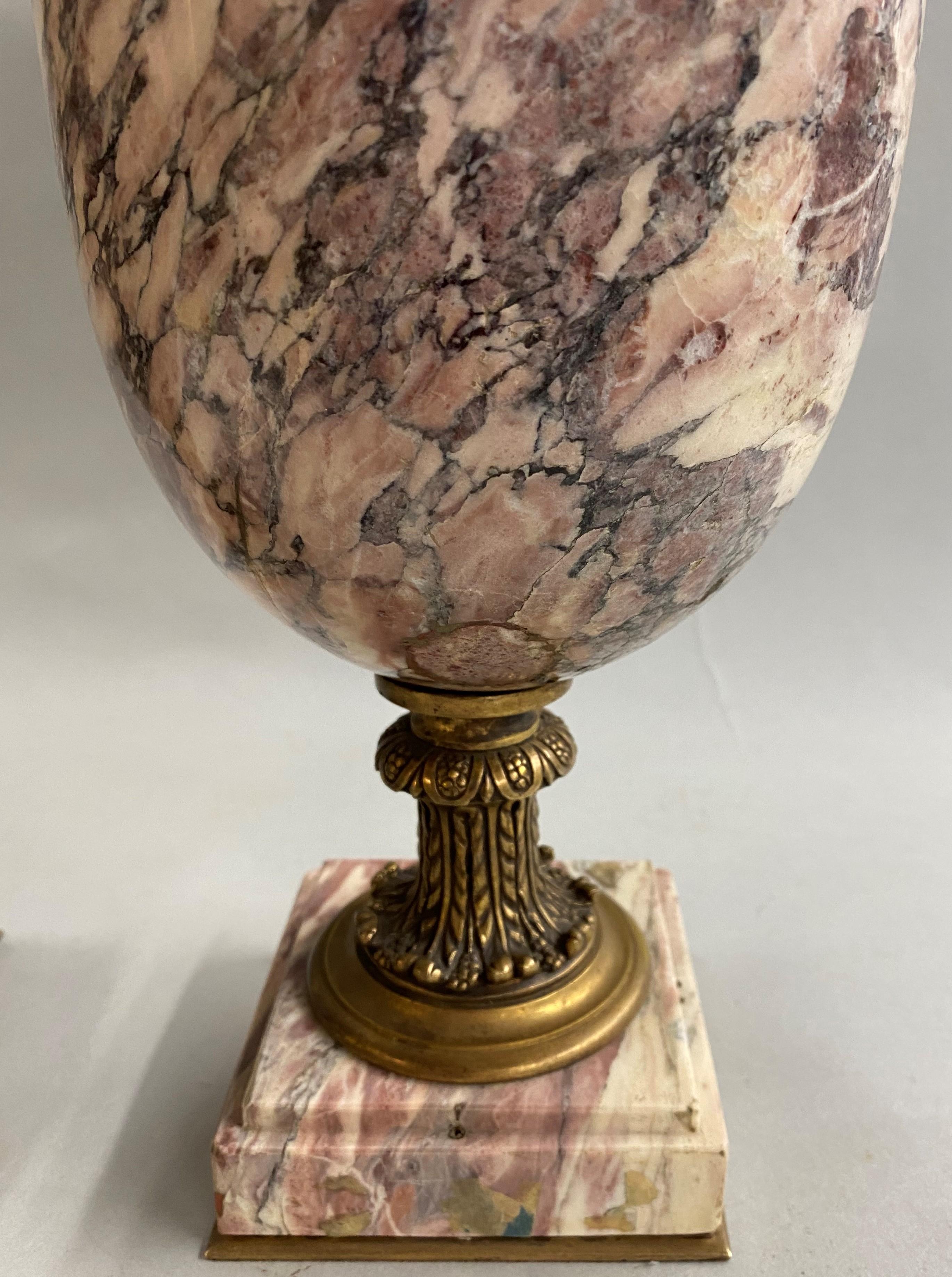 Pair of Italian Neoclassical Style Gilt Bronze Mounted Marble Urns For Sale 3