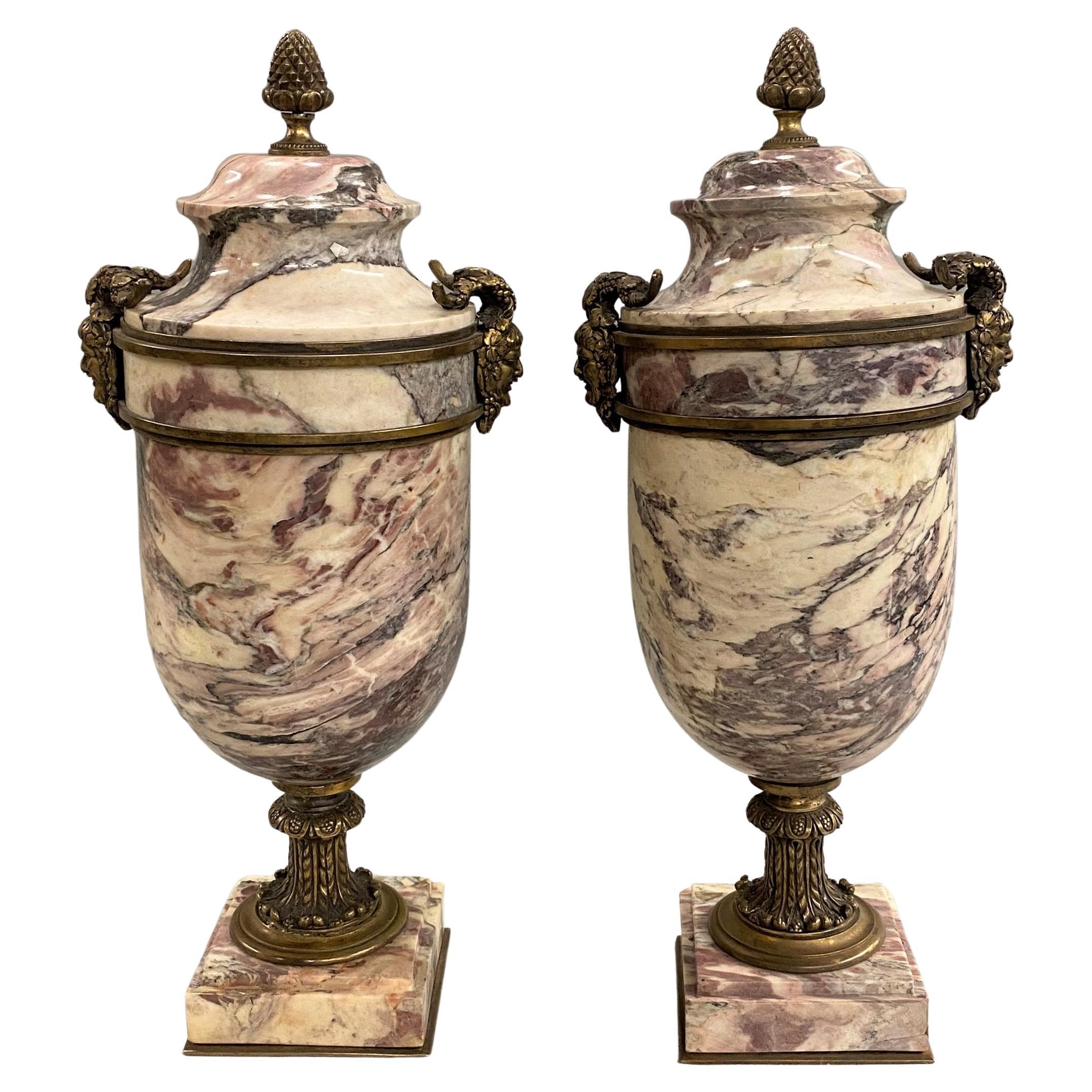 Pair of Italian Neoclassical Style Gilt Bronze Mounted Marble Urns For Sale