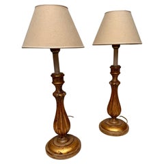 Pair of Italian Neoclassical Style Hand-Carved Gilded Wood Table Lamps, ca.1980