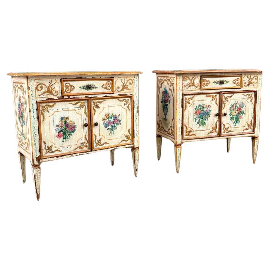 Pair of Italian Neoclassical Style Hand Painted Night Stands Cabinets For Sale