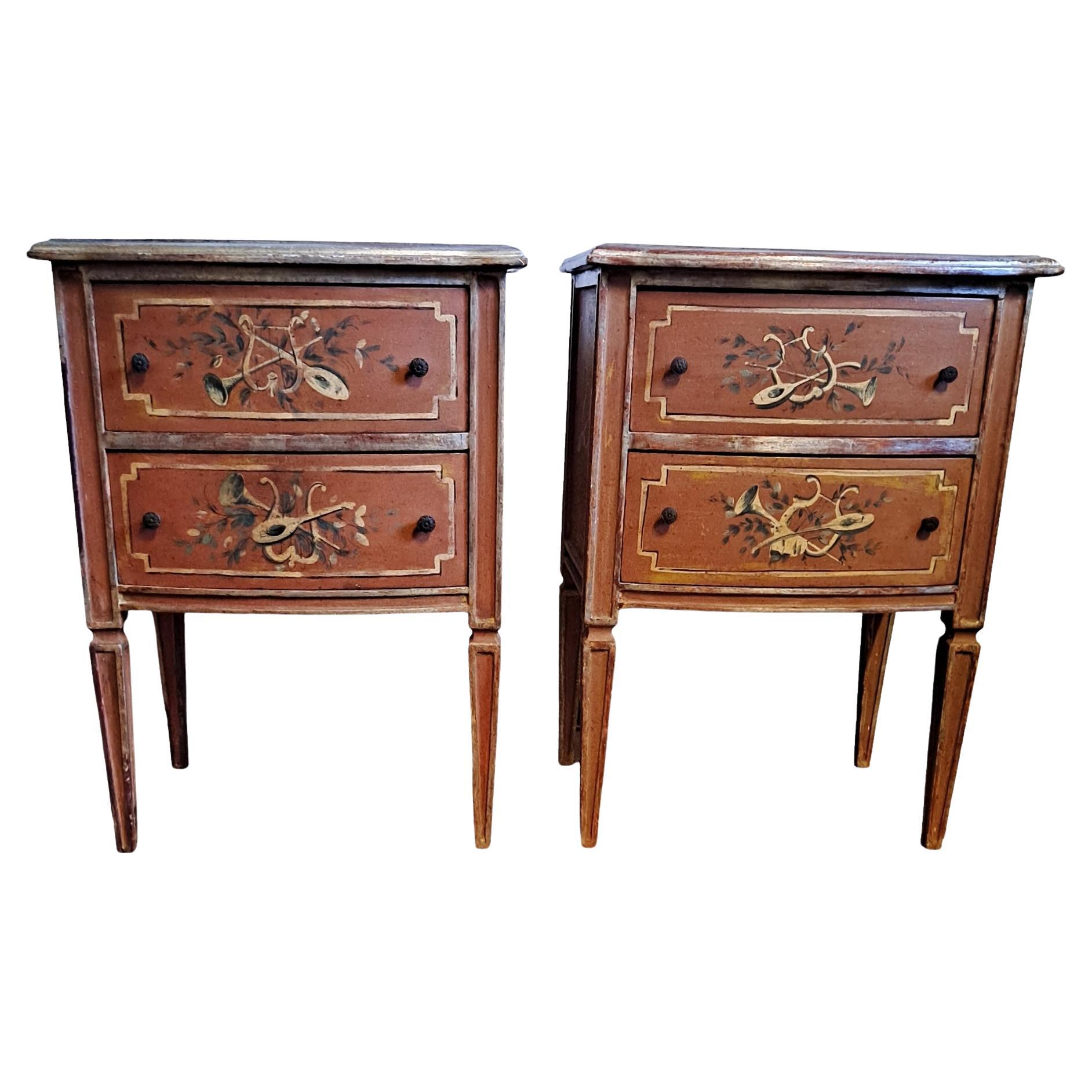 Pair of Italian Neoclassical Style Hand Painted Night Stands 