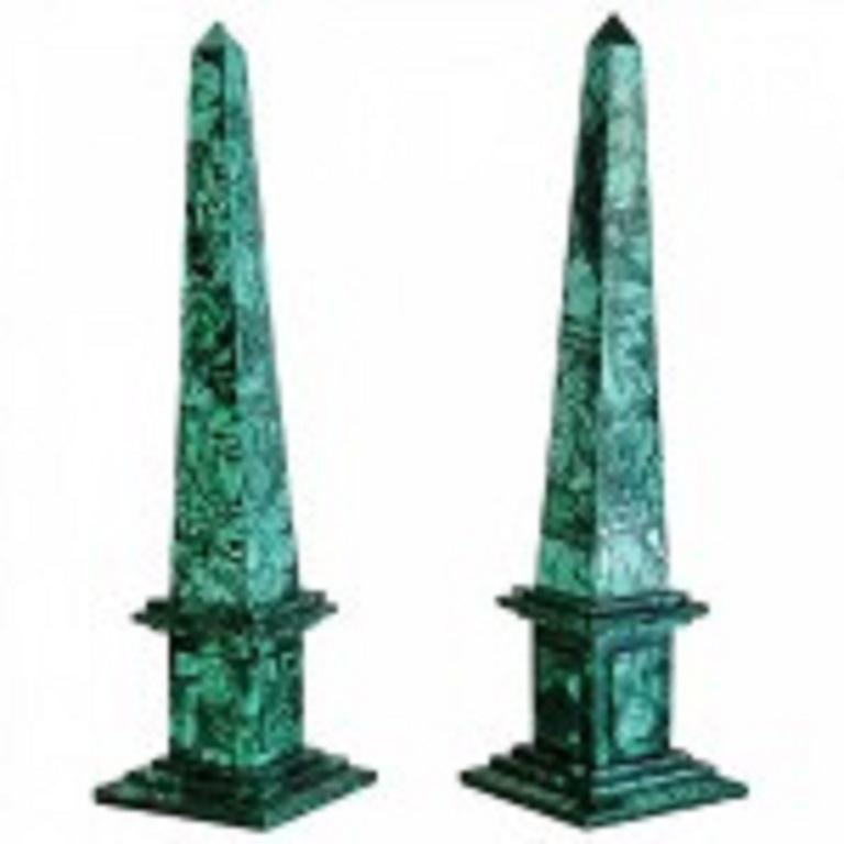 20th Century Pair of Italian Neoclassical Style Malachite Veneered Obelisks For Sale