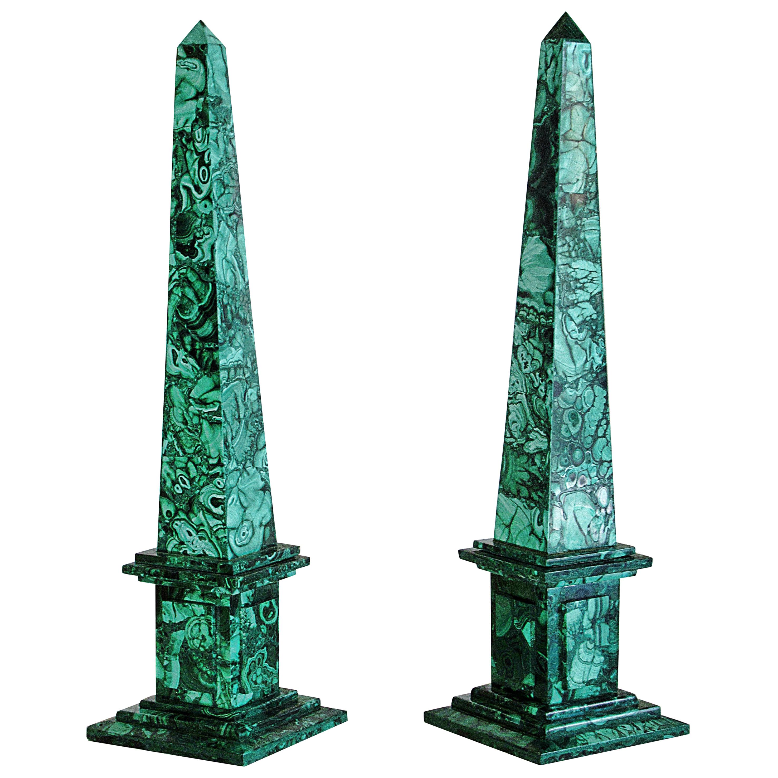 Pair of Italian Neoclassical Style Malachite Veneered Obelisks