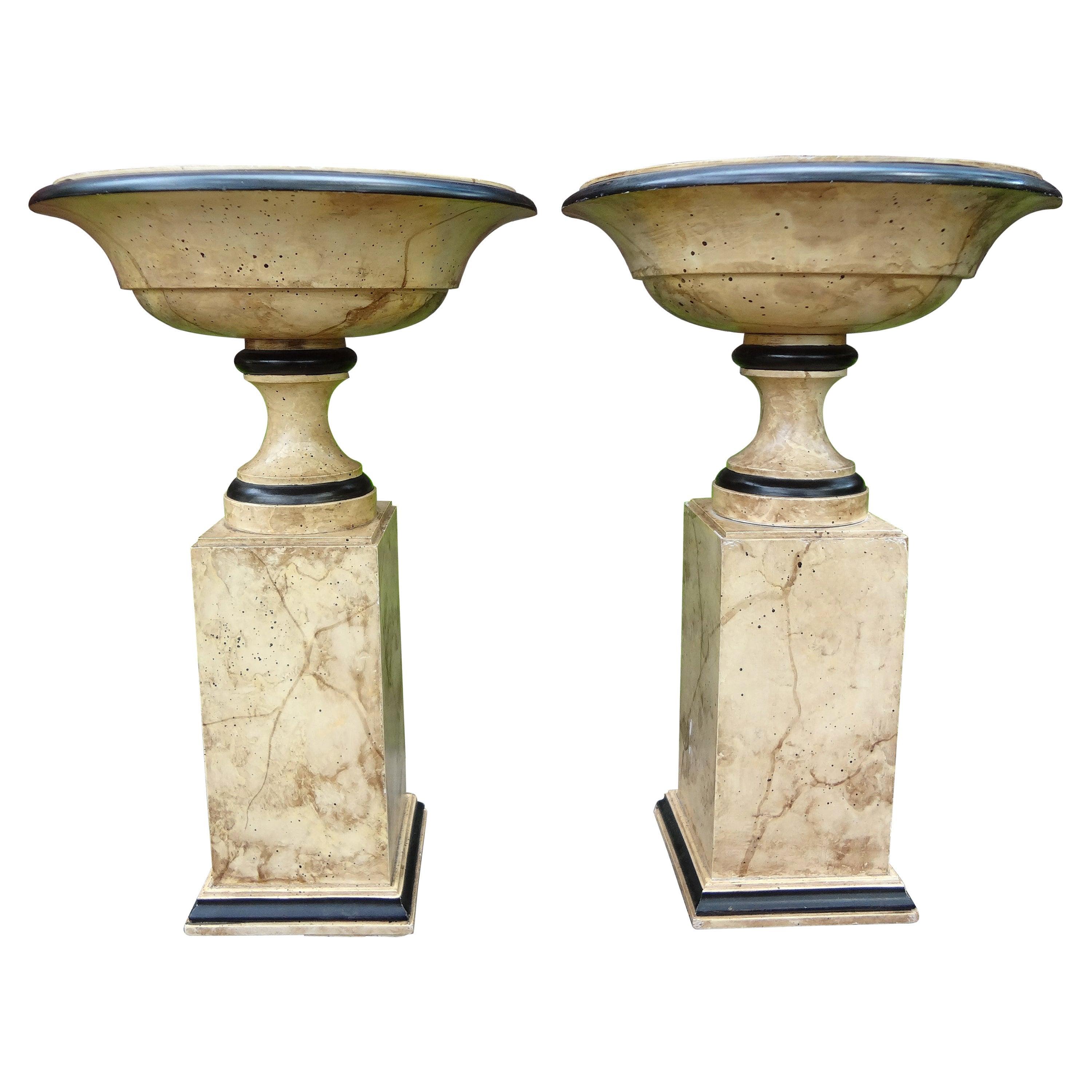 Pair of Italian Neoclassical Style Marbleized Wood Tazza Urns