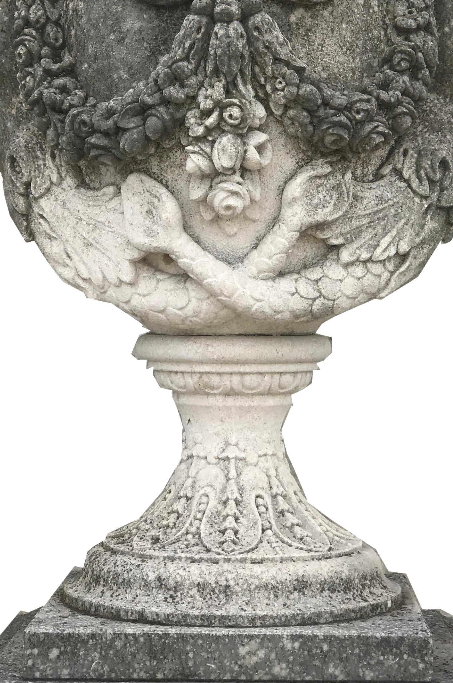 Pair of Italian Neoclassical Style Monumental Stone Garden Vases For Sale 3