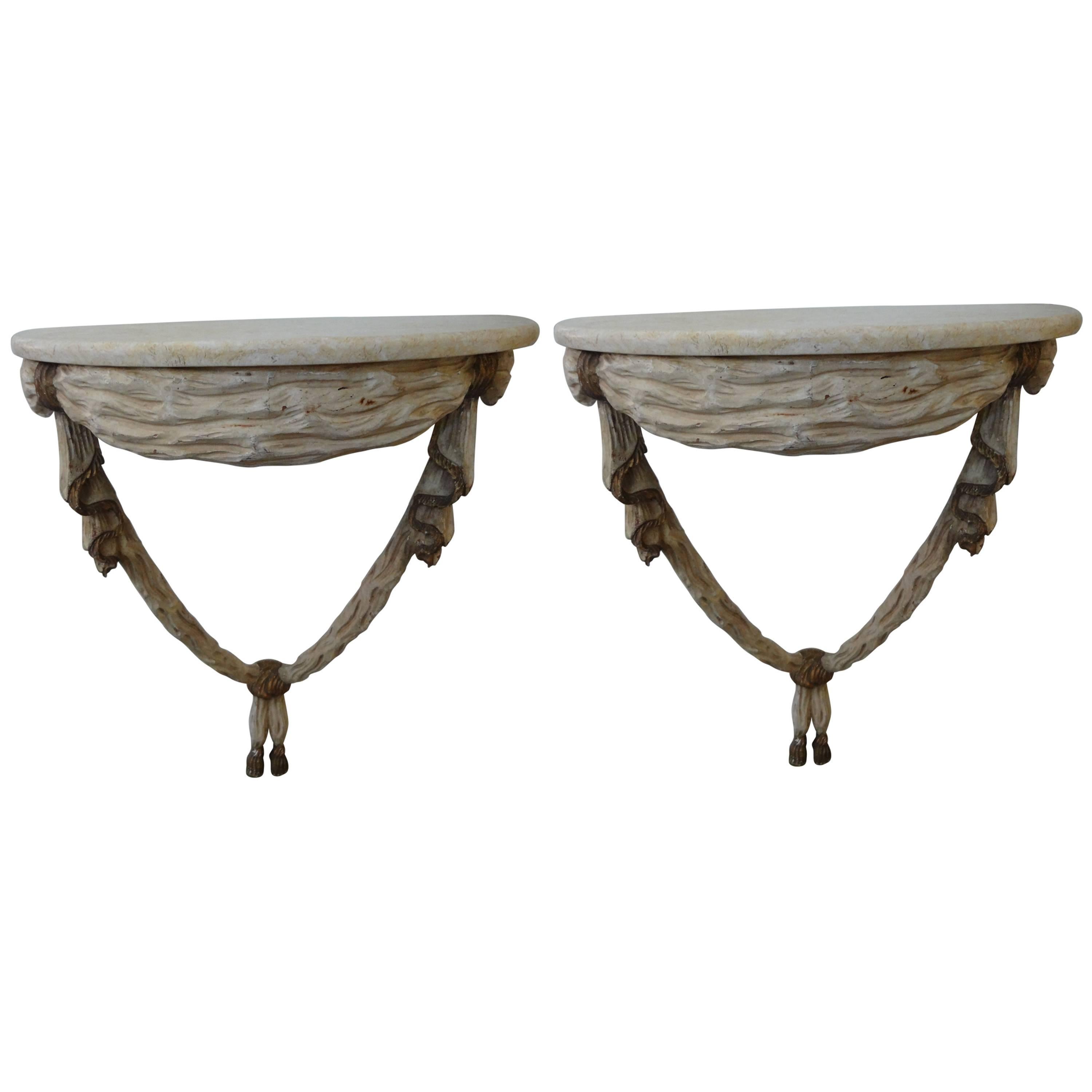 Pair of Italian Neoclassical Style Painted and Gilt Wood Console Tables