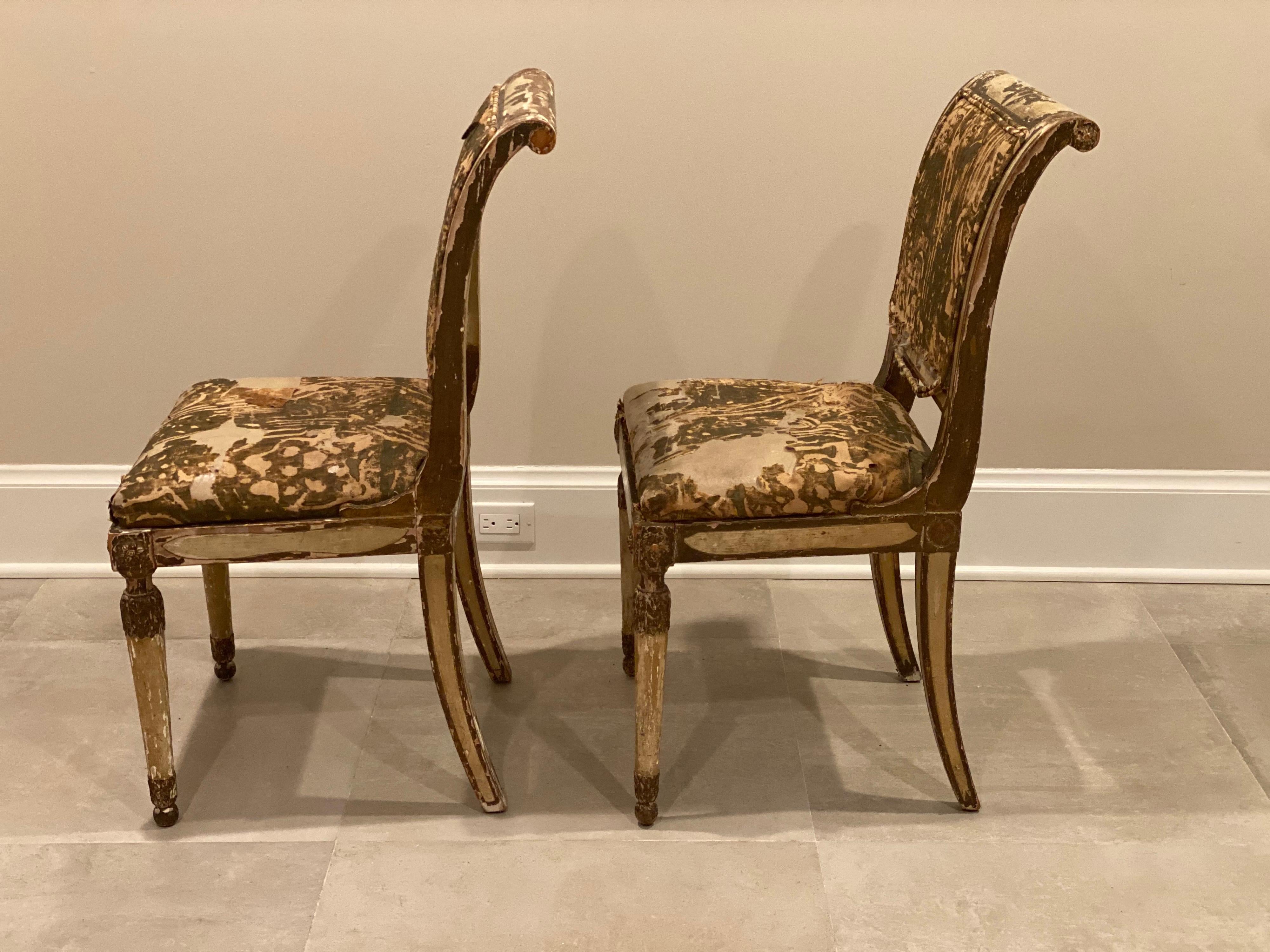 Hand-Painted Pair of Italian Neoclassical Style Painted & Gilt Side Chairs, 19th Century