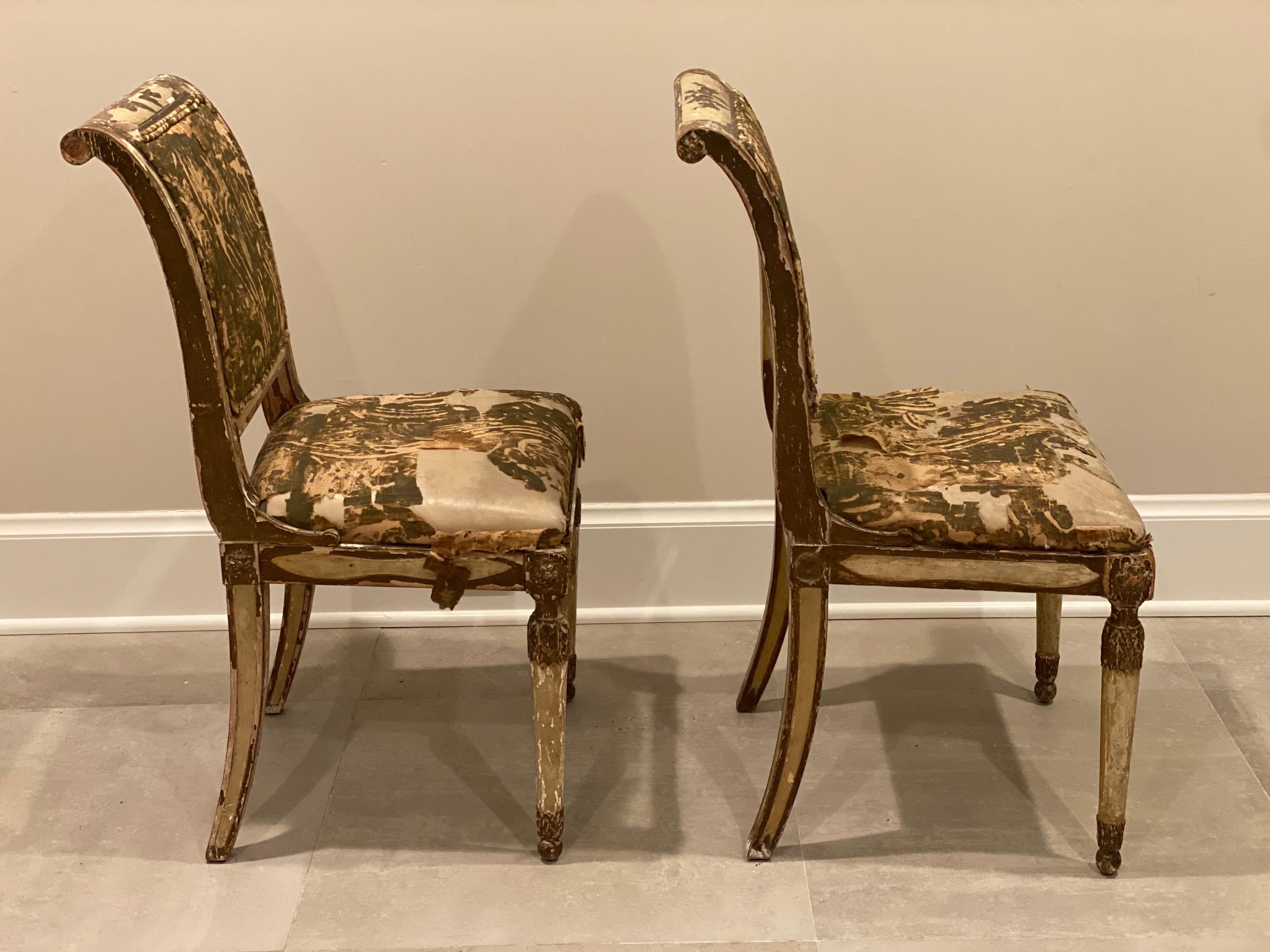Wood Pair of Italian Neoclassical Style Painted & Gilt Side Chairs, 19th Century