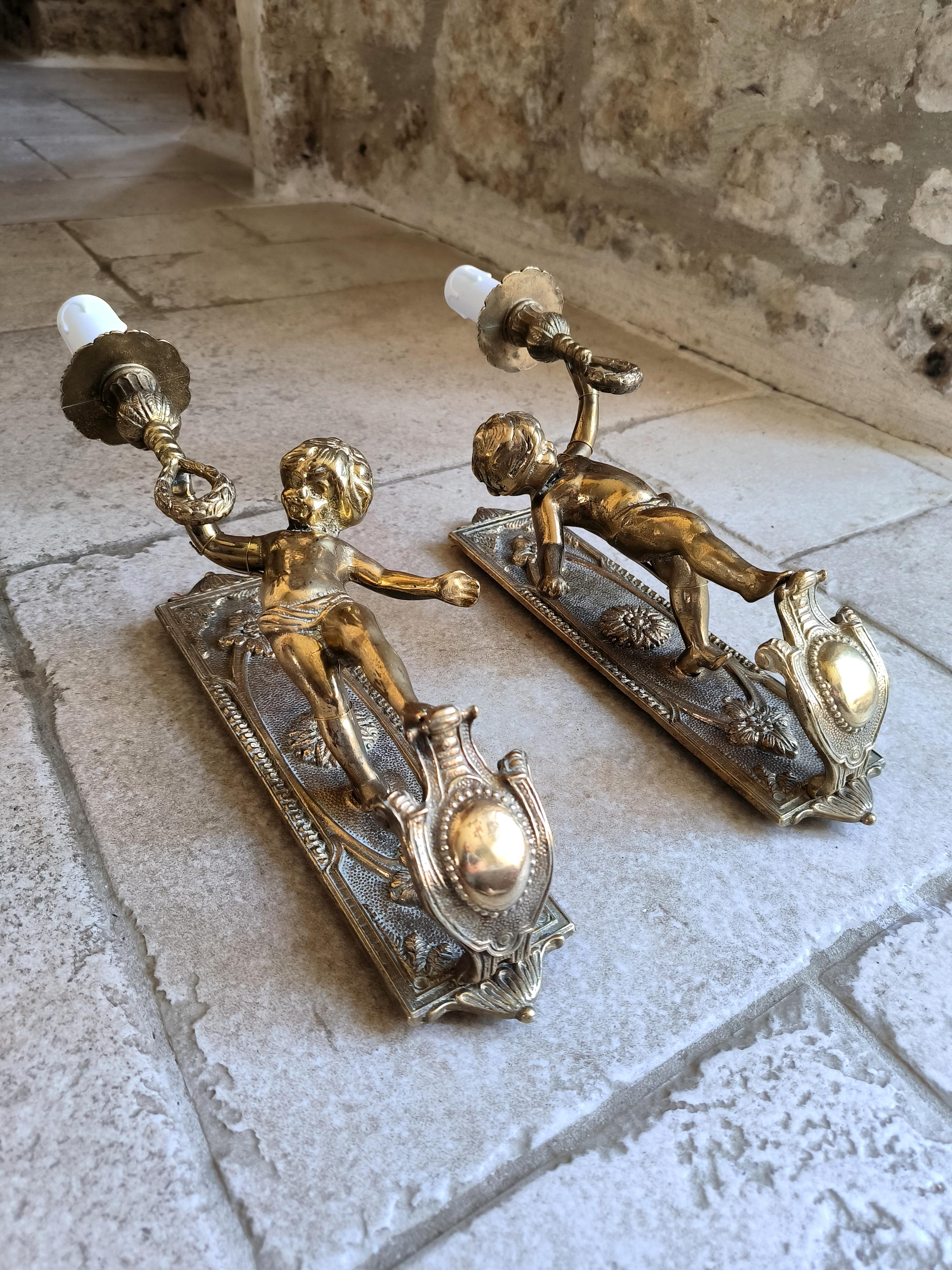 Pair of Italian, Neoclassical style, solid bronze Cherub sconces. Circa 1950s 5