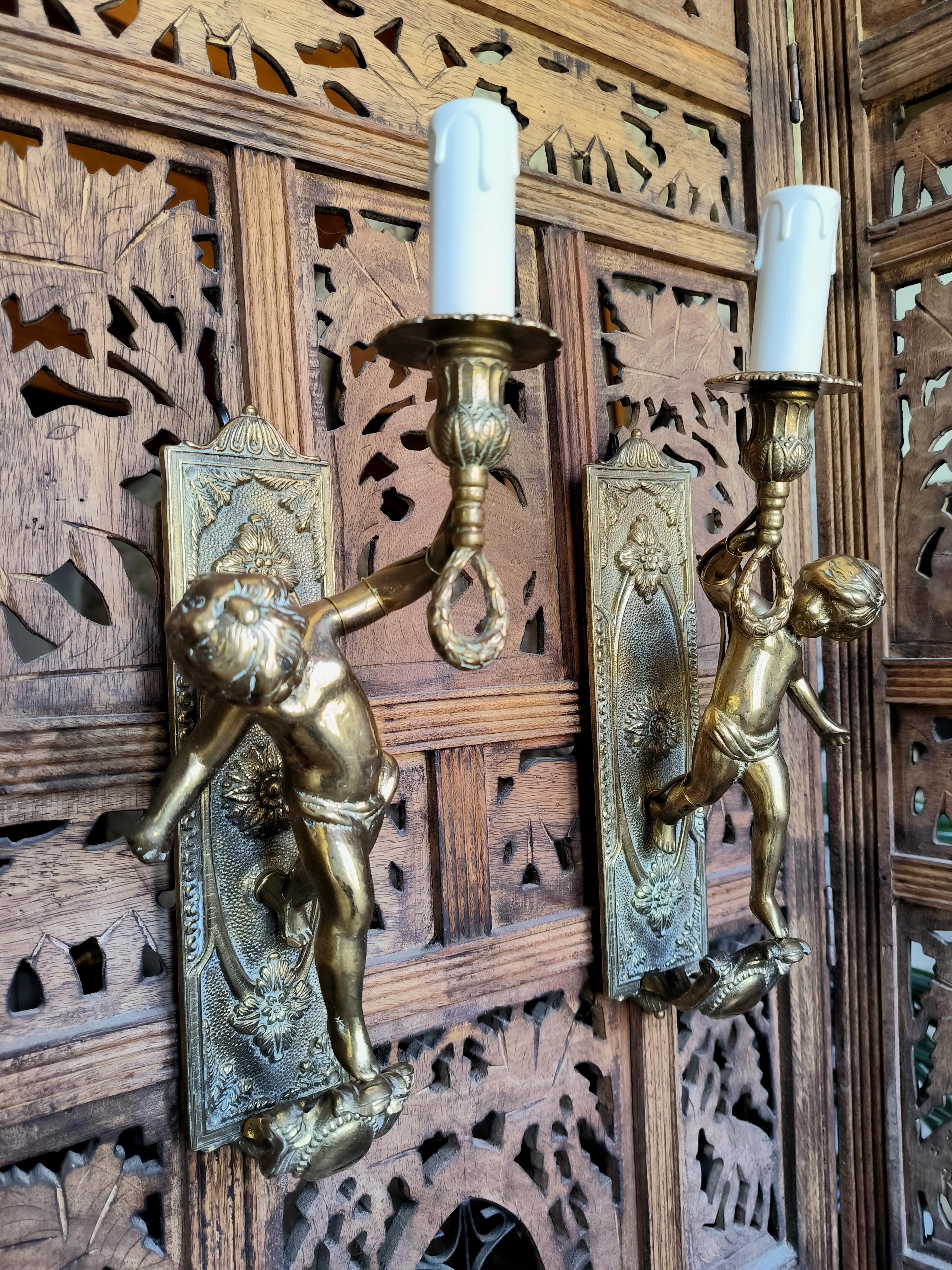 Pair of Italian, Neoclassical style, solid bronze Cherub sconces. Circa 1950s 6